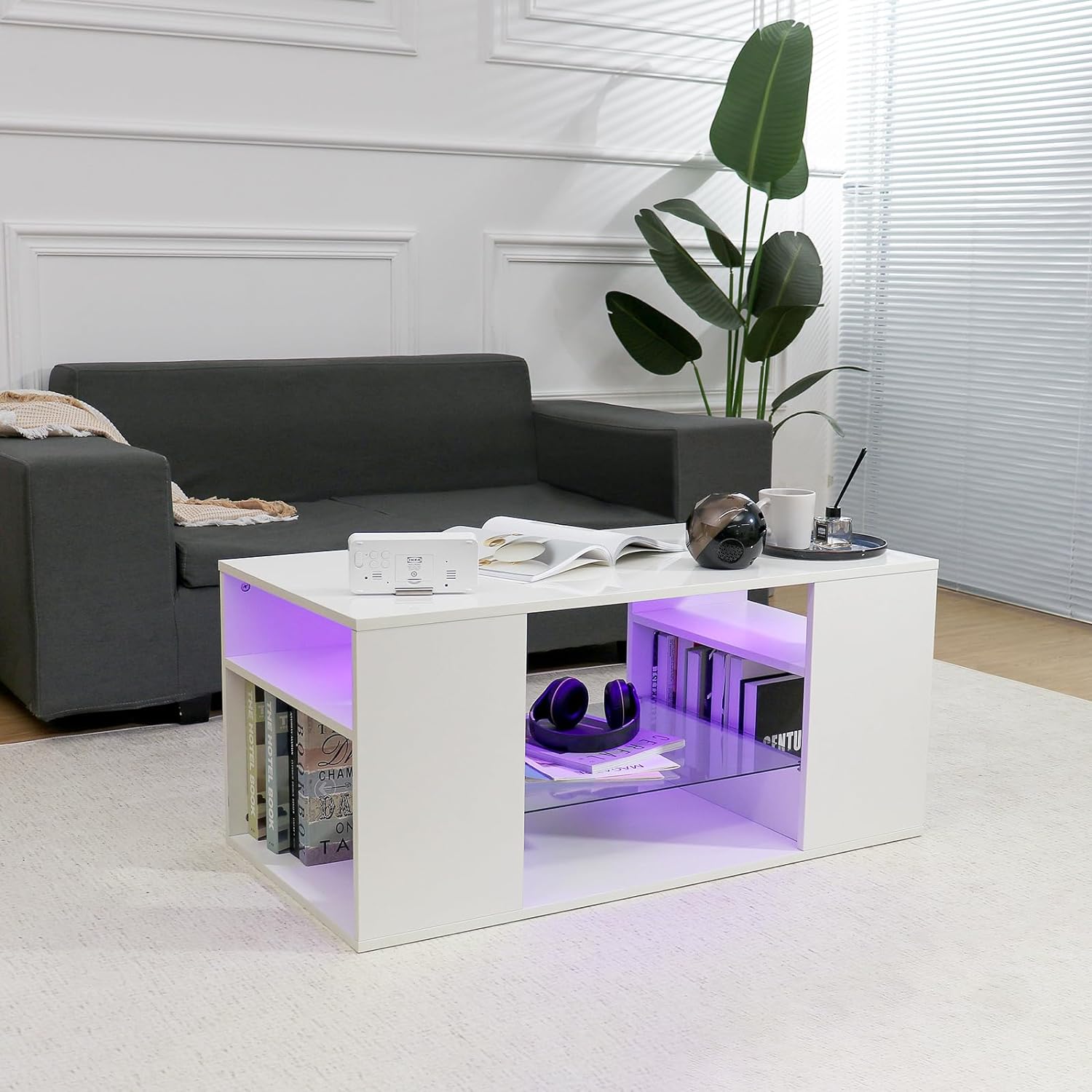 LED Coffee Tables for Living Room Modern Coffee Table White with 3 Shelves Open Glass Storage High Glossy Center Table Sofa Cocktail Table with LED Lights for Home Furniture