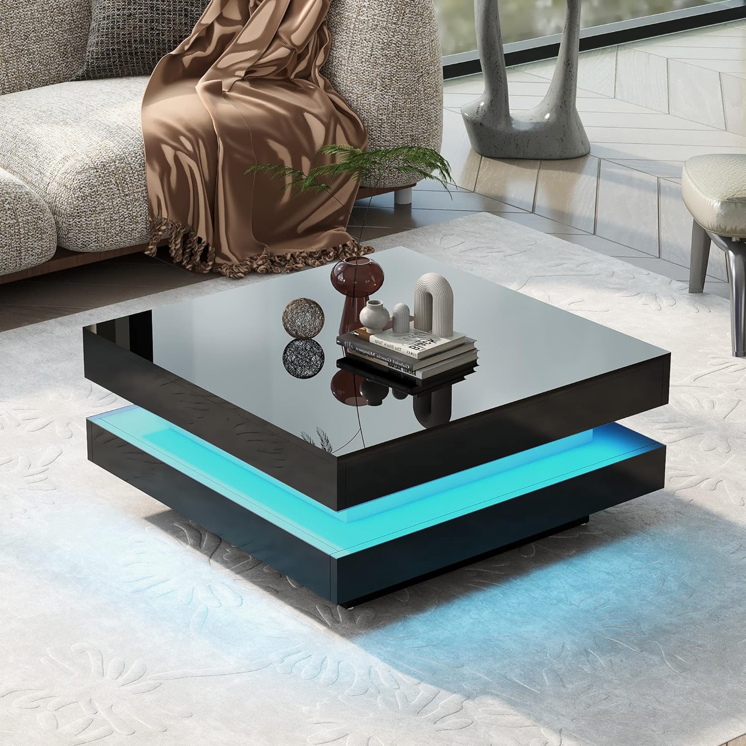 Merax 31.5 * 31.5in Square LED Light Coffee Table, 2-Tier Square Cocktail Table with LED Lights and Double Layer Storage for Livingroom