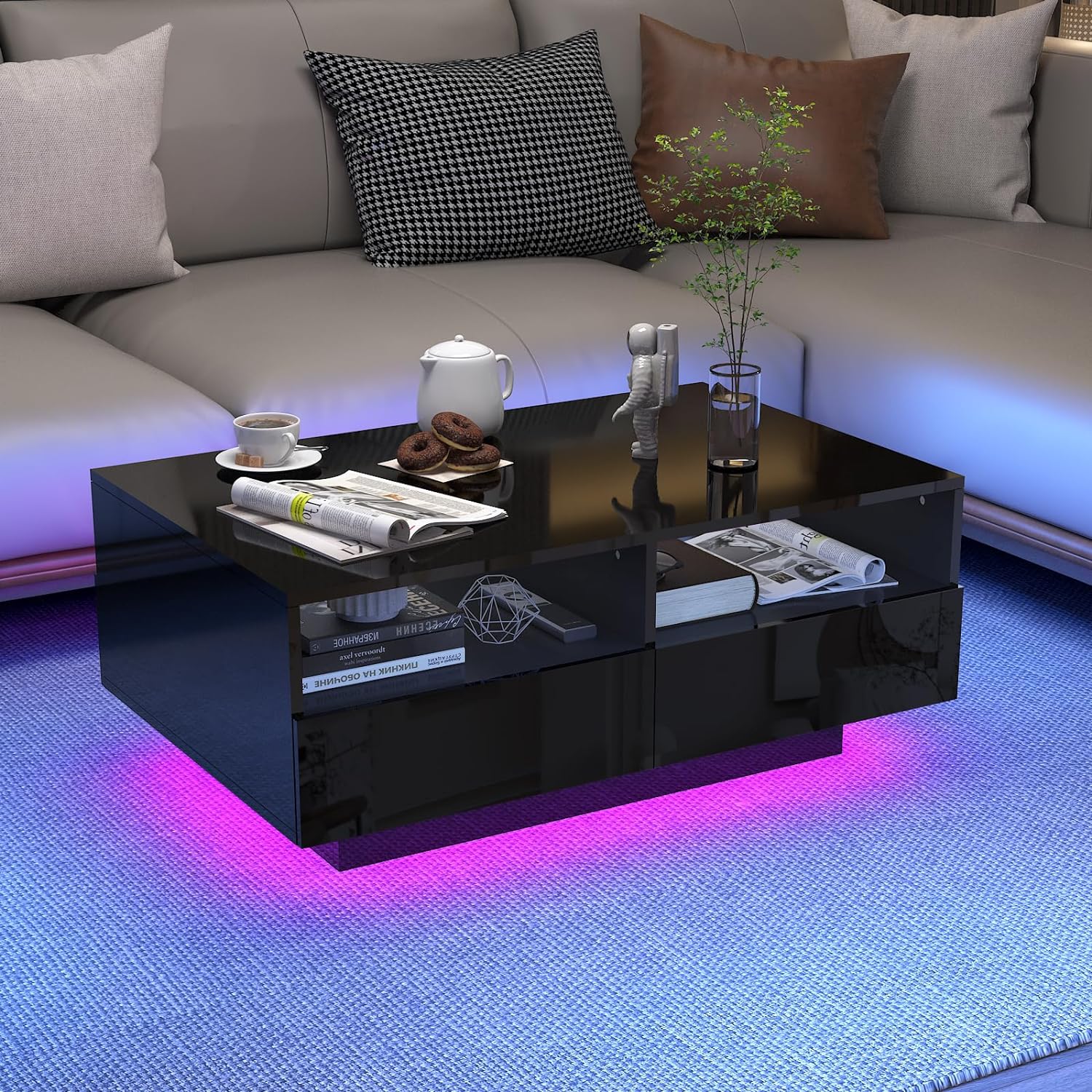 SUSSURRO LED Coffee Table with 4 Storage Sliding Drawers, High Glossy Modern Center Table with 20 Colors LED Lights for Living Room Bedroom,(Style-2 Black)