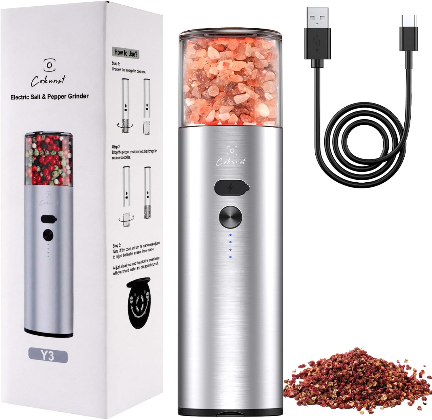 COKUNST USB Rechargeable Electric Salt and Pepper Grinder, Automatic Pepper Grinder Mill with Visual Power Reminder, 4Oz Large Capactiy Visual Silo & Suction Dust Cover for BBQ Resturant Kitchen