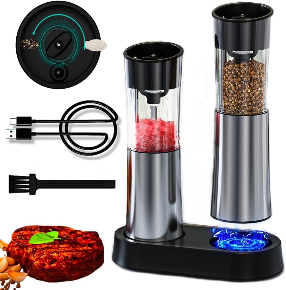 Electric Salt and Pepper Grinder Set [Upgraded Larger Capacity] Gravity Pepper Grinder-USB Rechargeable Automatic Pepper Mill Grinder,One Handed Operation,Stainless Steel Construction,LED Light