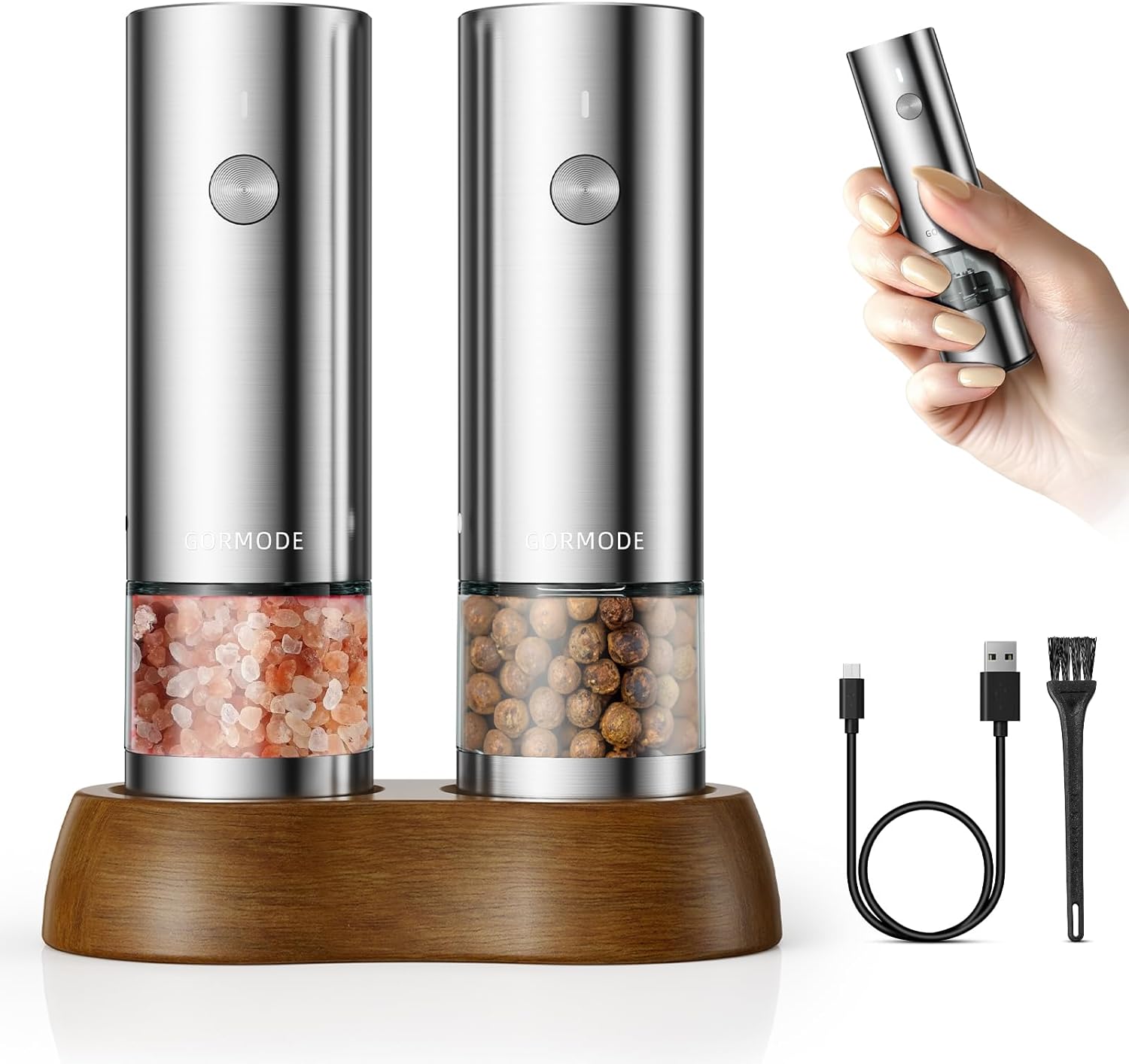 Electric Salt and Pepper Grinder Set,USB Rechargeable Salt and Pepper Mill with 5 Adjustable Coarseness Refillable, Stainless Steel One Hand Automatic Pepper Salt Shakers with Wood Base(2 pack)