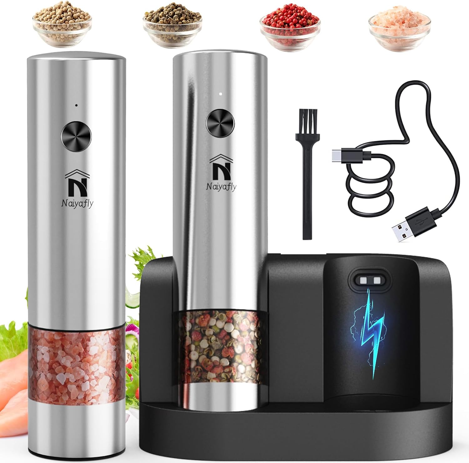 Electric Salt and Pepper Grinder Set, No Battery Needed, Automatic Salt and Pepper Shakers Set with Upgraded Charge Base and LED Light, 304 Stainless Steel, Housewarming/Valentine' Day Gifts Set