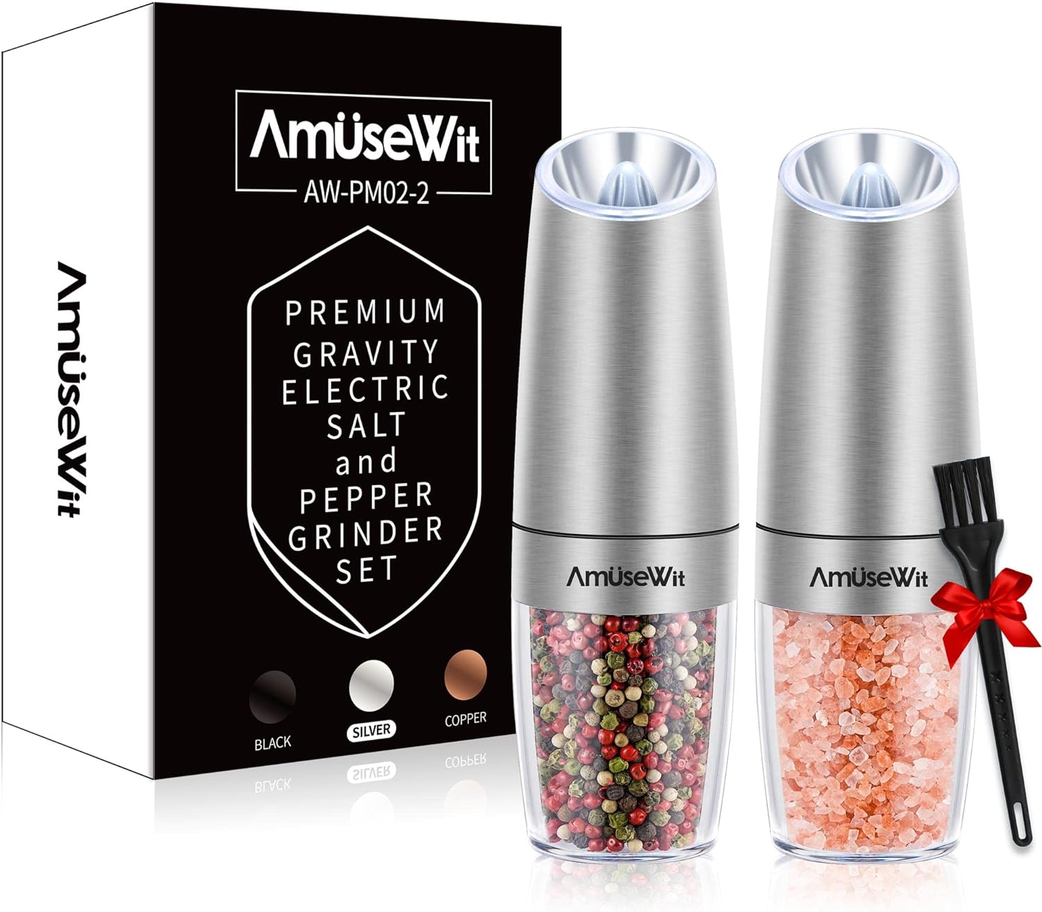 AmuseWit Gravity Electric Pepper and Salt Grinder Set [White Light] - Battery Operated Automatic Pepper and Salt Mills,Adjustable Coarseness,One-Handed Operation,Stainless Steel