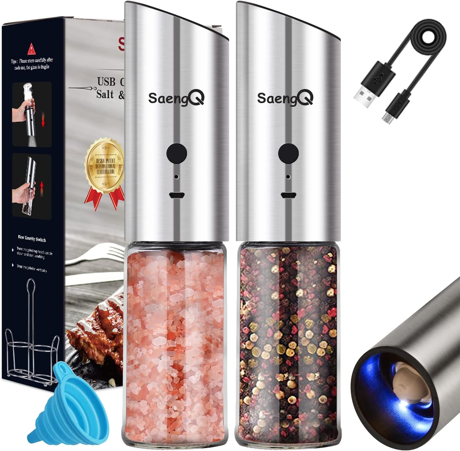 Gravity Electric Salt and Pepper Grinder Set of 2,USB Rechargeable Kitchen Electric Pepper Mill with Adjustable Grinder and LED Light,Tall Glass Salt and Pepper Grinders Refillable