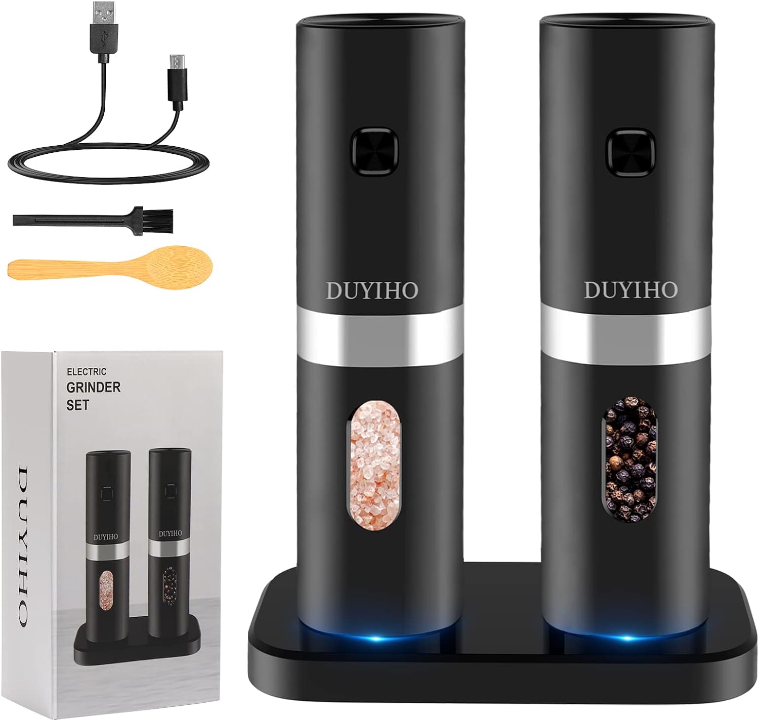 Rechargeable Electric Salt and Pepper Grinder Set with Double Charging Base, Support Battery Operated, Refillable Spice Automatic Mill Shakers Set with Adjustable Coarseness & LED Light