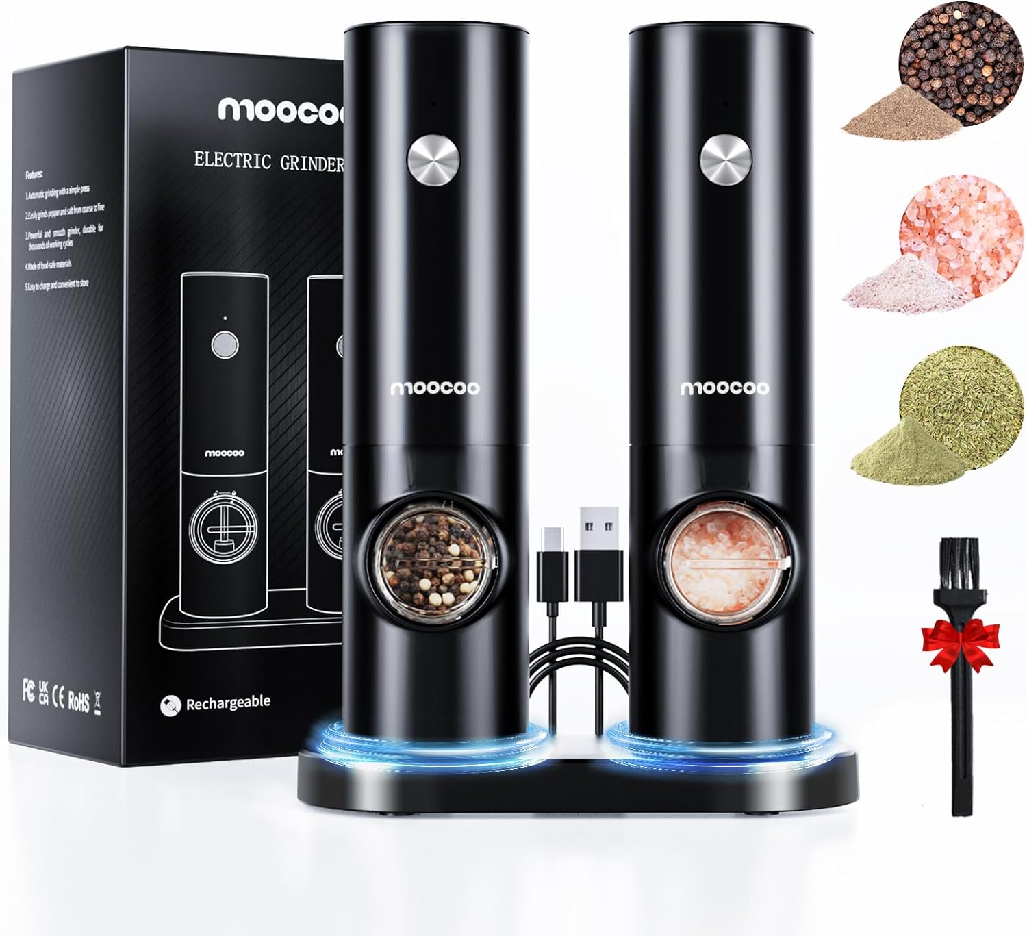 Moocoo Upgraded Electric Salt and Pepper Grinder Set with Fast Rechargeable Base & LED Light, Large Capacity, Adjustable Coarseness, Automatic One Hand Operated Salt Pepper Mill Grinder Refillable