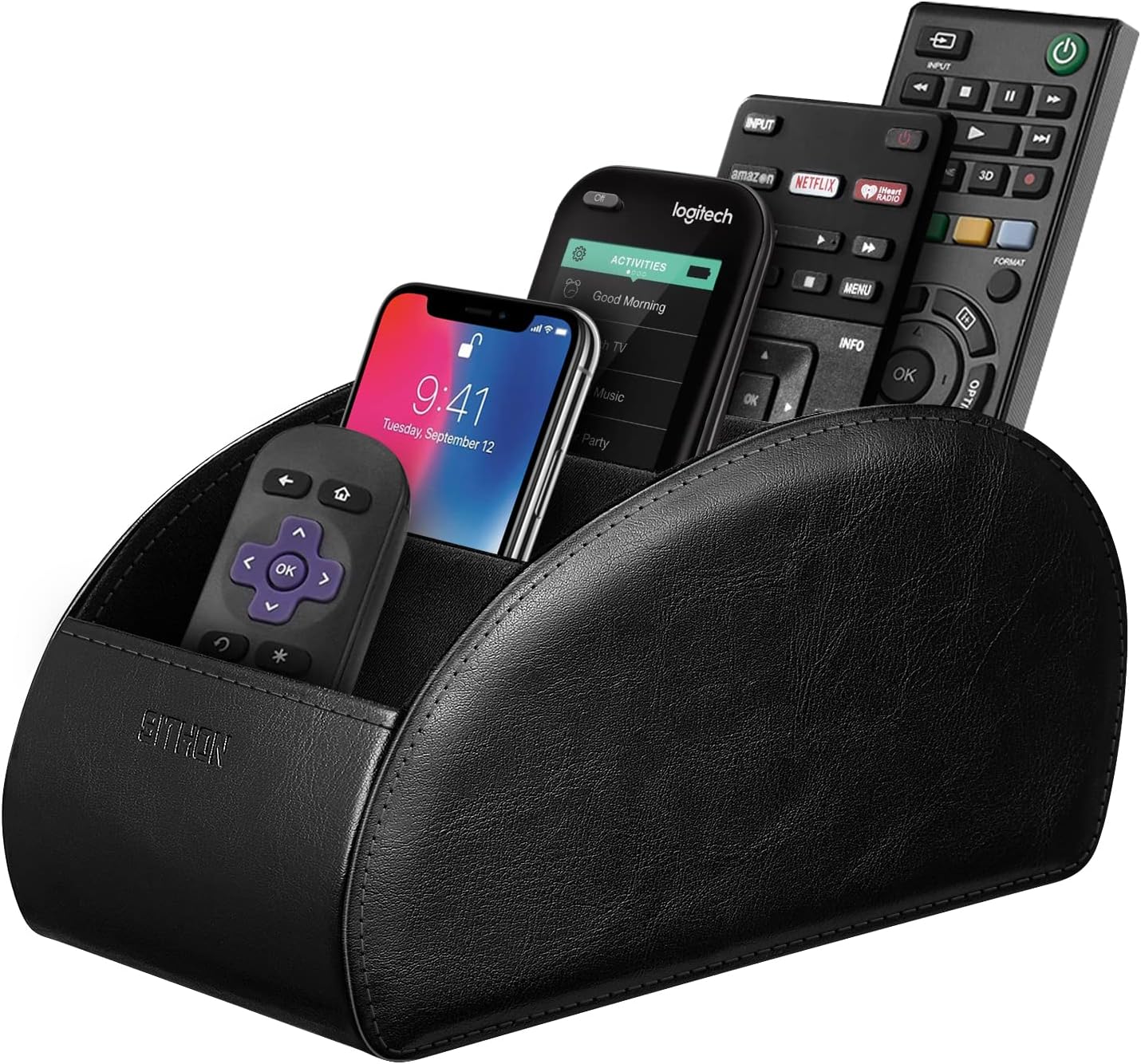 SITHON Remote Control Holder with 5 Compartments  [Upgrade Version] PU Leather Remote Caddy Desktop Organizer Store TV, DVD, Blu-Ray, Media Player, Smart Phones, Heater Controllers (Black)