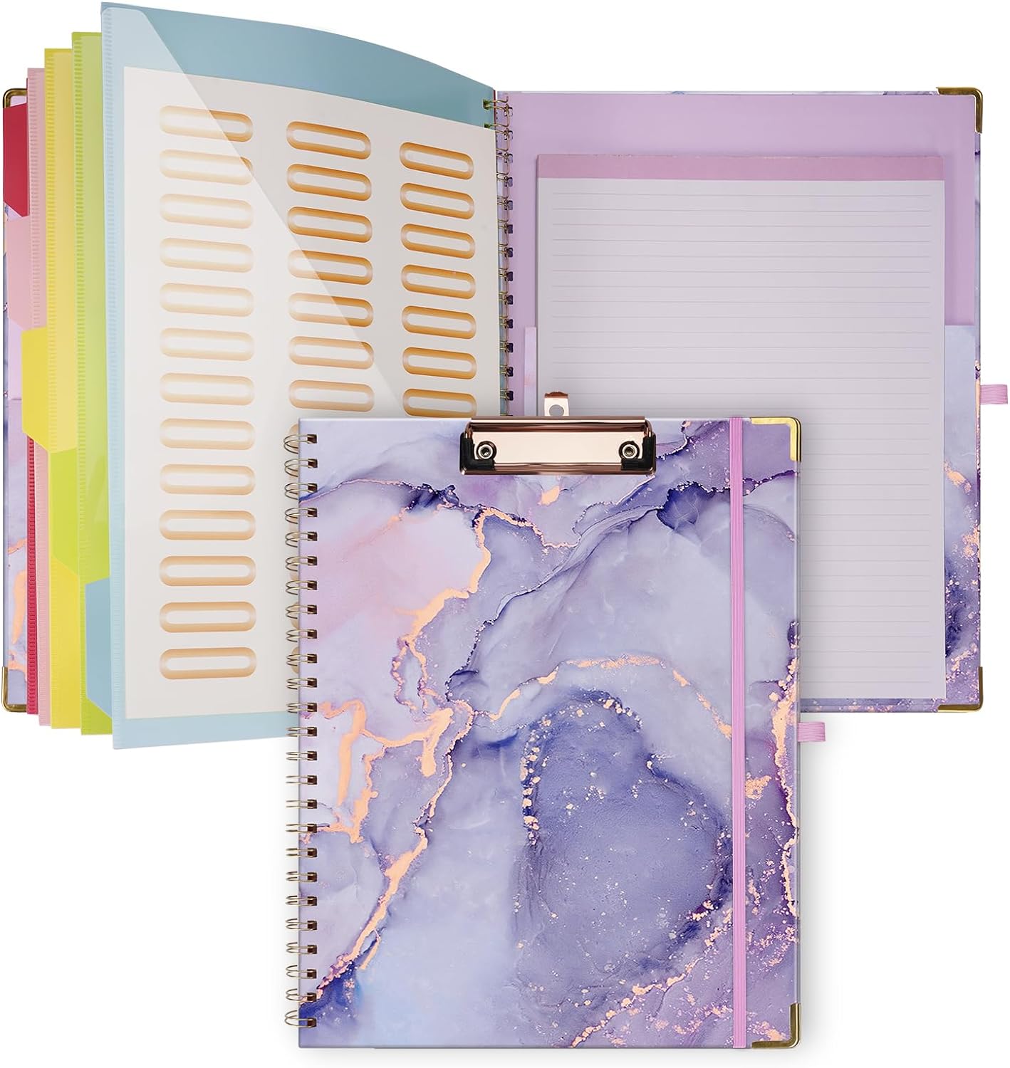 SITHON Hardcover Clipboard Folio with Refillable Lined Notepad for Letter Size(11.5x8.5), Foldable Spiral Clipboard Organizer, 5 Dividers with 10 Pockets, Elastic Band and Pen Loop (Marble Lilac)