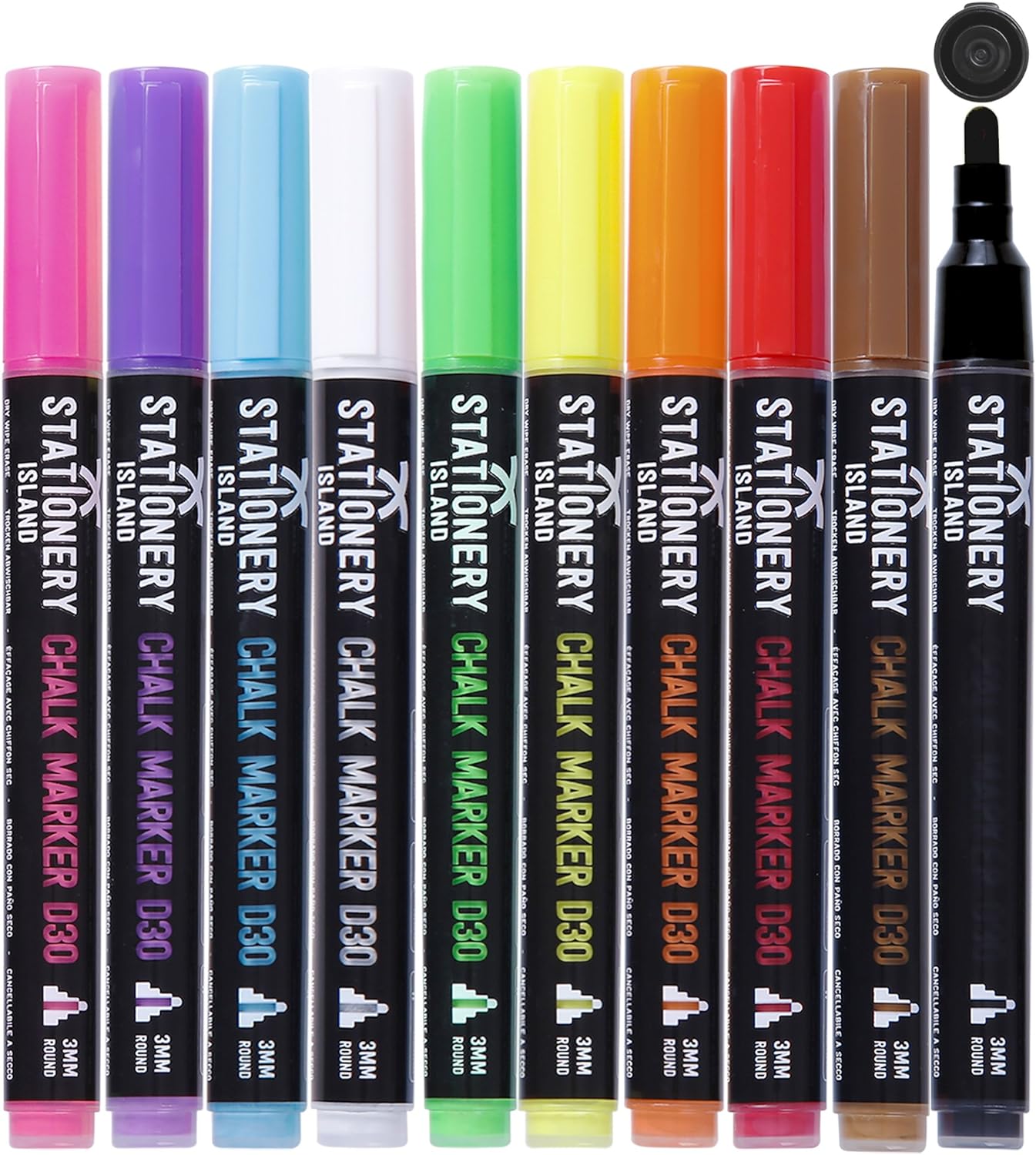 Stationery Island Liquid Chalk Markers Whiteboard Dry Erase Chalk Marker Pens for Blackboard,Chalkboard, Car Window, Mirror Glass, Signs, Bistro Board and Ceramic - 3mm Fine Bullet Nib Pack of 10