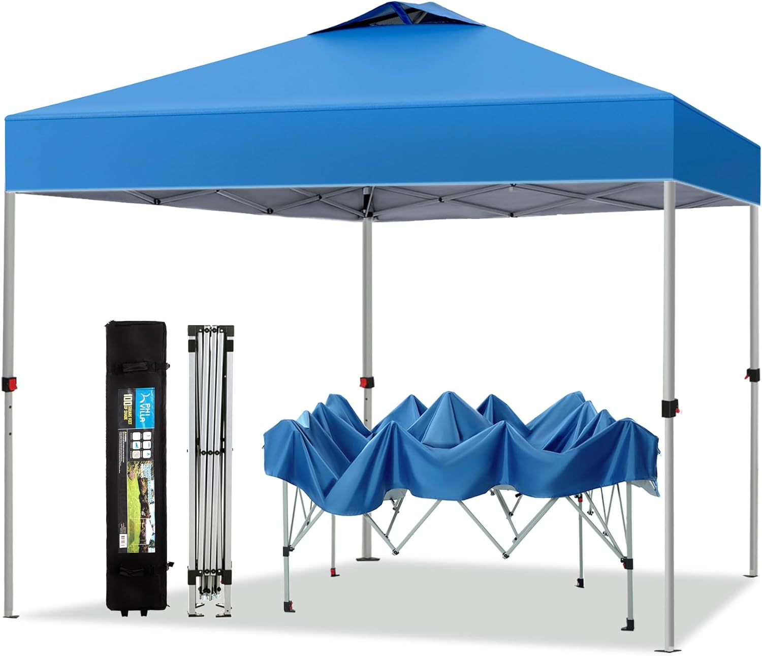 PHI VILLA Outdoor Pop up Canopy 10'x10' Tent Camping Sun Shelter-Series Party Tent, 100 Sq. Ft of Shade (Blue)