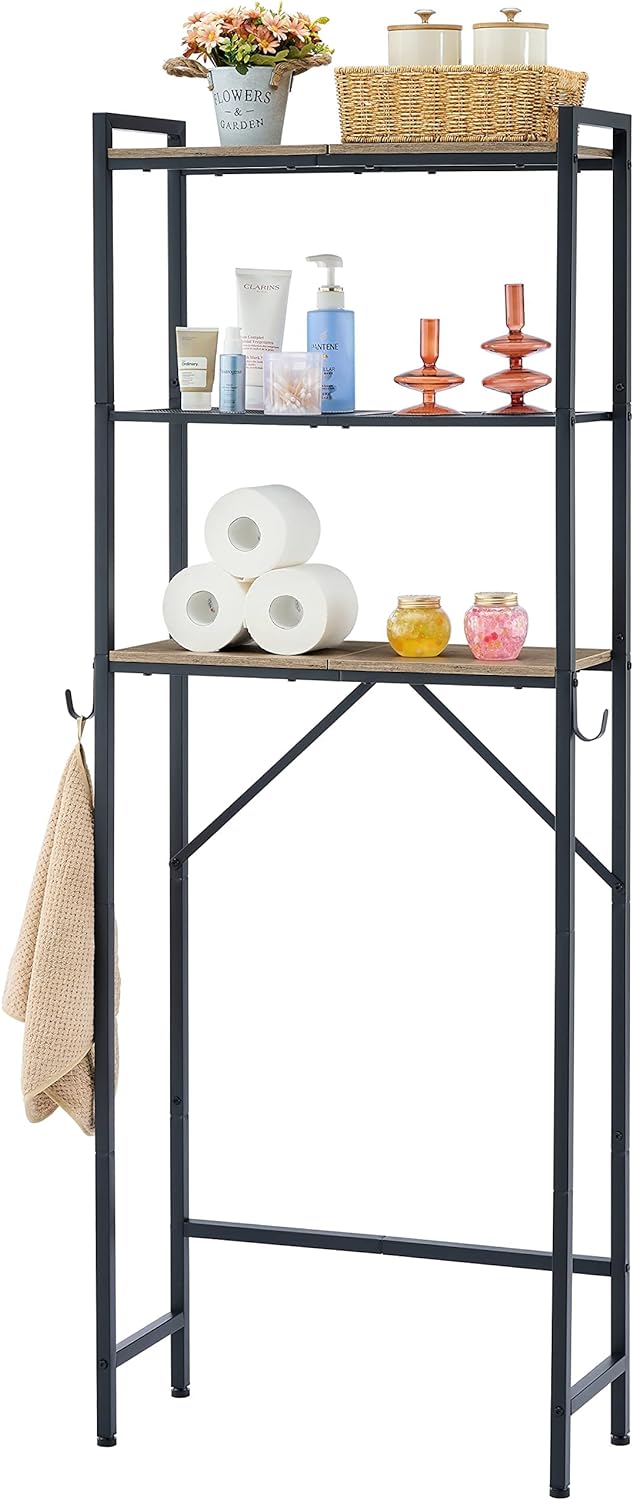 Hoctieon Over The Toilet Storage, 3-Tier Over-The-Toilet Space Saver Organizer Rack, Stable Metal Freestanding Above Toilet Stand with Hooks for Bathroom, Restroom, Laundry, Greige