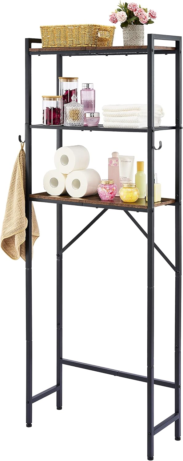 Hoctieon Over The Toilet Storage, 3-Tier Over-The-Toilet Space Saver Organizer Rack, Stable Metal Freestanding Above Toilet Stand with Hooks for Bathroom, Restroom, Laundry, Rustic Brown