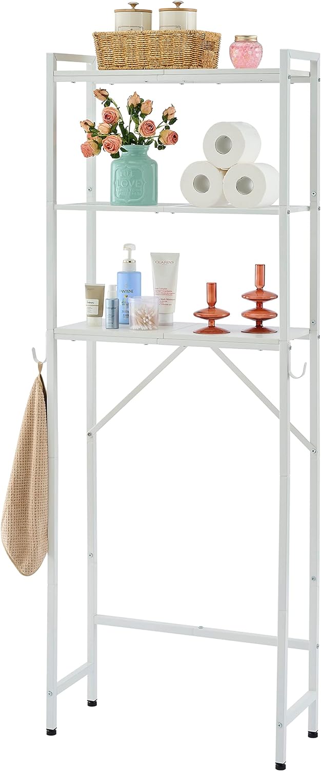 Hoctieon Over The Toilet Storage, 3-Tier Over-The-Toilet Space Saver Organizer Rack, Stable Metal Freestanding Above Toilet Stand with Hooks for Bathroom, Restroom, Laundry, White