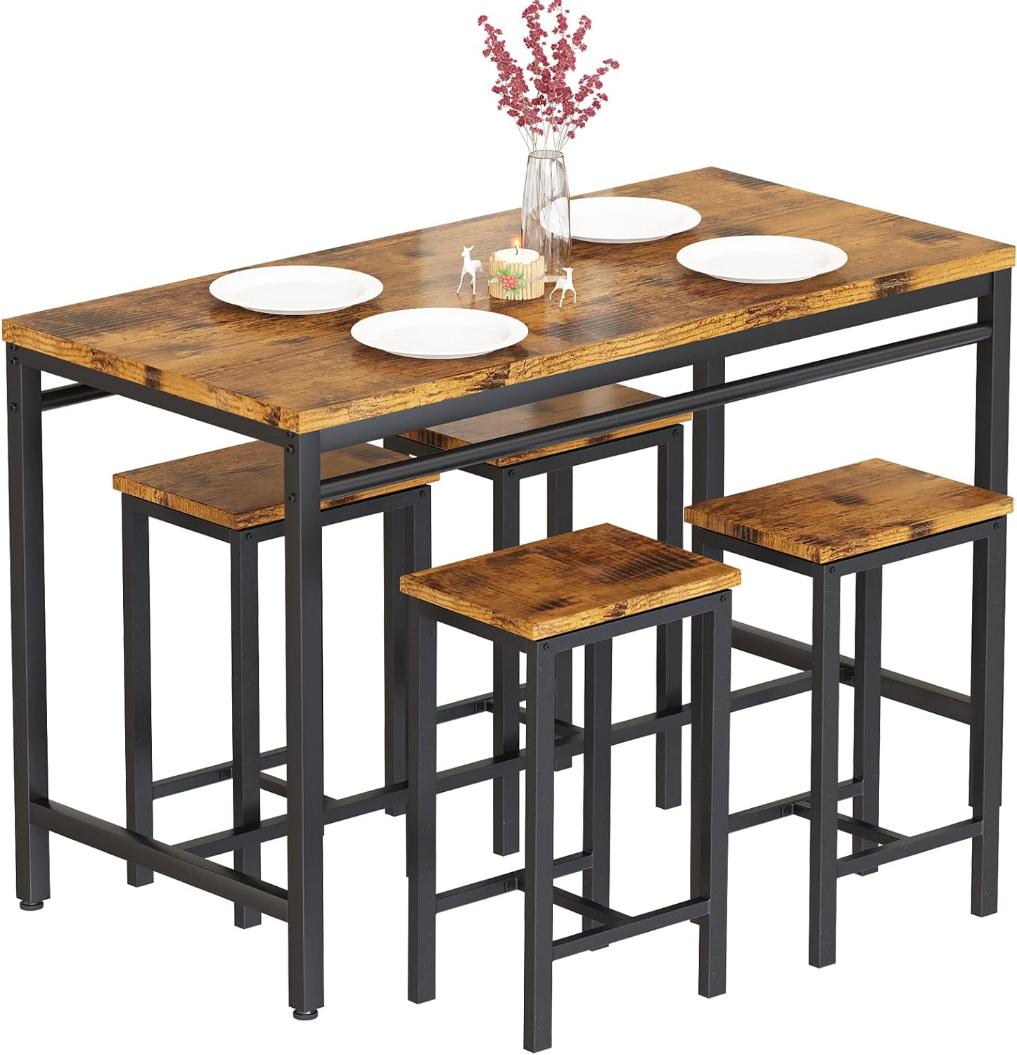 Lamerge Dining Bar Table Set for 4, Modern Counter Height Table and 4 Bar Stools, 5 Piece Bar Table and Chairs Set for Small Spaces, Apartment, Pub, Dining Room, Kitchen (Rustic Brown)