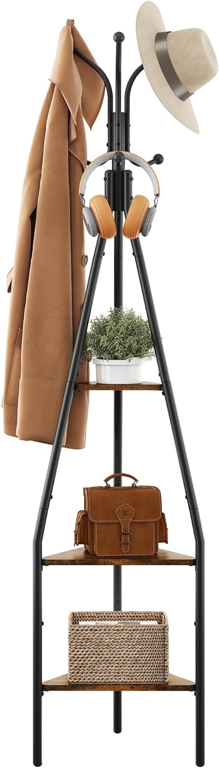 Hoctieon 3-Tier Coat Rack Freestanding with Hooks, Industrial Coat Tree Freestanding, Mordern Coat Racks Free Standing with Shelf, Coat Rack with Storage for Clothes, Hats, Bags