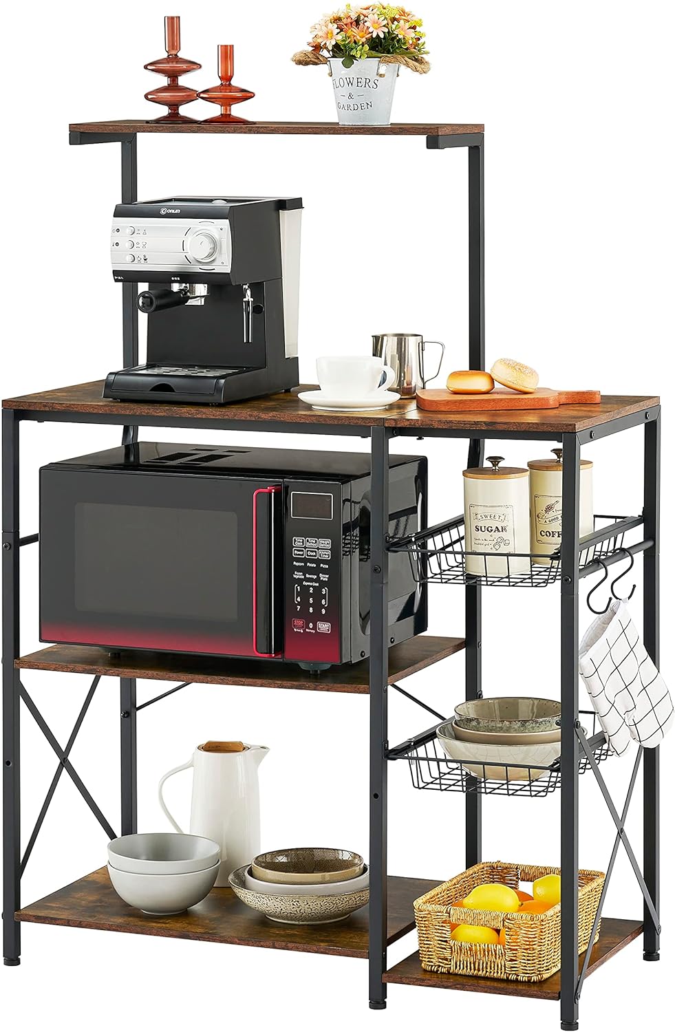 Hoctieon 4-Tier Standing Bakers Rack with 2 Pullout Baskets, Microwave Stand, Kitchen Racks and Shelves for Storage, Multifunctional Microwave Oven Stand