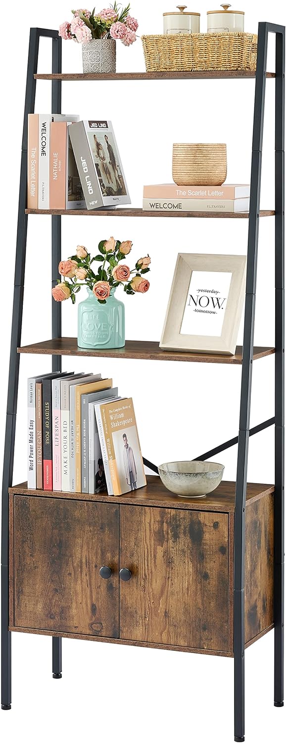 Hoctieon Industrial Bookshelf with Doors, 5-Tier Ladder Shelf with Cabinet, Tall Etagere Bookcase with Metal Frame, for Living Room, Home Office, Bedroom, Kitchen, Bathroom, Rustic Brown