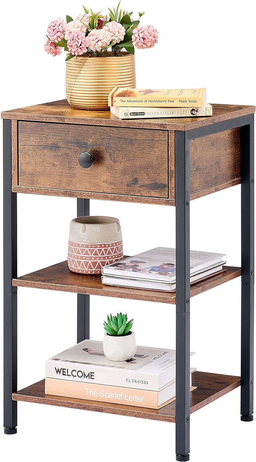 Hoctieon End Table, 3 Tiers Side Table with Drawer and Open Storage Shelf, Industrial Nightstand for Bedroom, Living Room, Easy Assembly, Wood, Rustic Brown