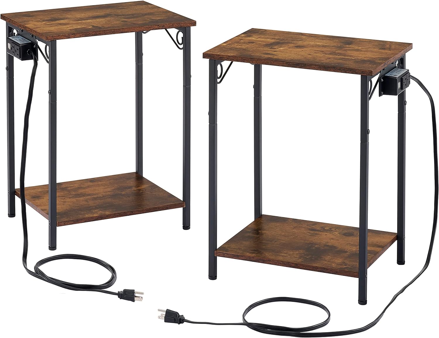 Hoctieon 2 Tier End Table with Charging Station Set of 2, Side Table with USB Ports and Outlets, Nightstands Set of 2, Bedside Tables for Living Room, Bedroom, Rustic Brown