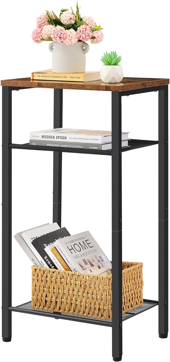 Hoctieon 3 Tier End Table, Telephone Table, Narrow Side Table with Storage, Nightstand for Small Spaces, Metal Frame, For Living Room, Bedroom, Sofa Couch, Hall, Easy Assembly, Rustic Brown