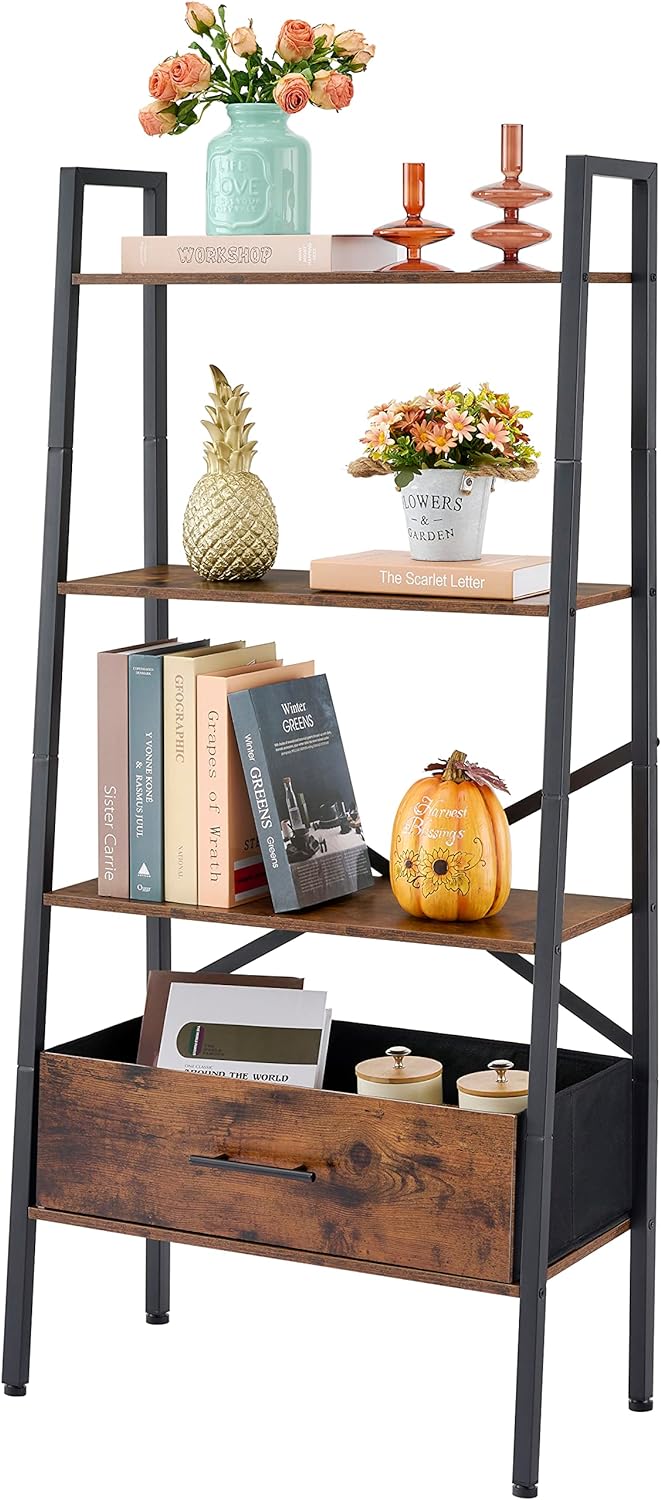 Hoctieon 4 Tier Bookshelf with Drawers, Industrial Ladder Shelf with Metal Frame, Freestanding Ladder Bookcase for Balcony, Living Room, Home Office, Bedroom, Kitchen, Bathroom, Rustic Brown