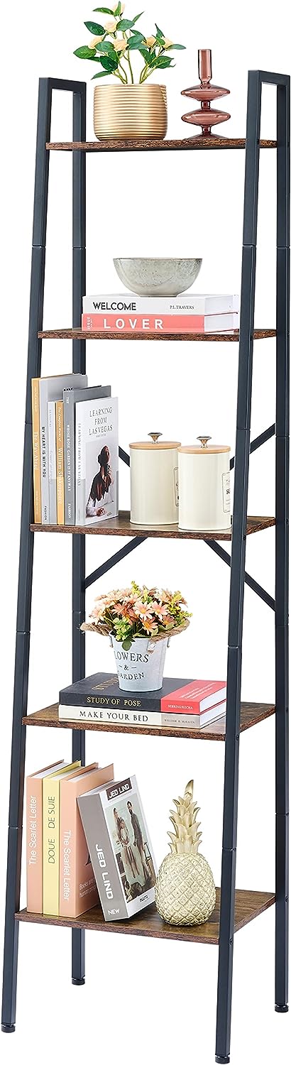 Hoctieon Industrial Ladder Bookshelf, Multifunctional Ladder Shelf, 5-Tier Tall Bookshelf, Open Ladder Shelf Bookcase, for Living Room, Home Office, Kitchen, Bedroom, Metal Frame, Rustic Brown