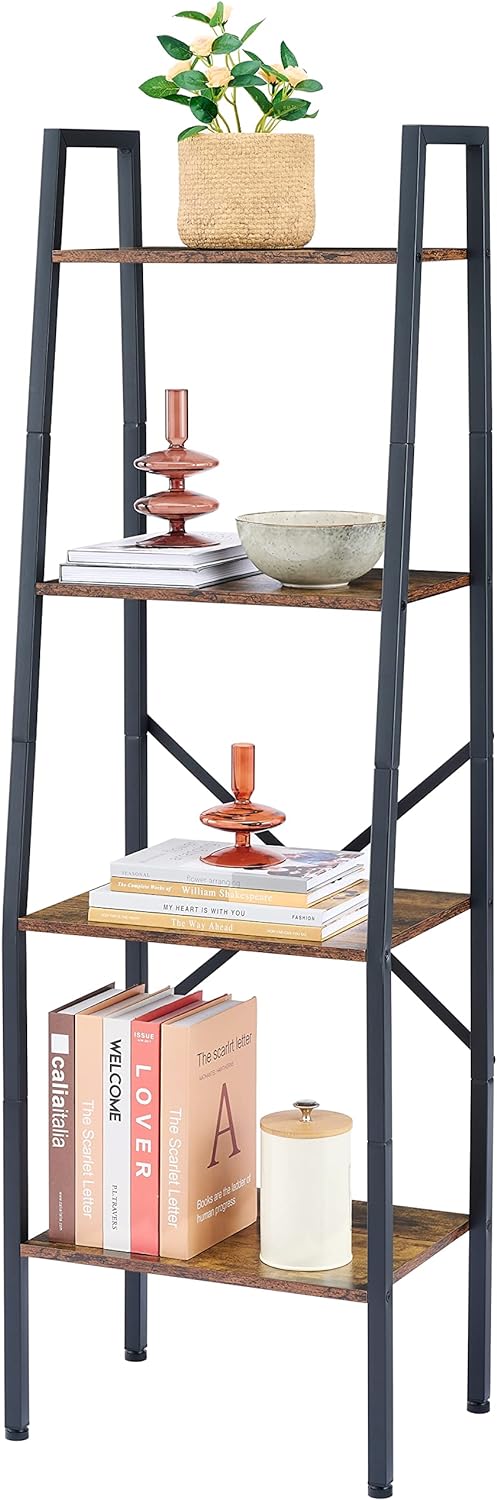 Hoctieon Ladder Shelf Bookcase, 4-Tier Industrial Tall Ladder Bookshelf with Metal Frame for Living Room, Kitchen, Home Office, Bedroom, Rustic Brown