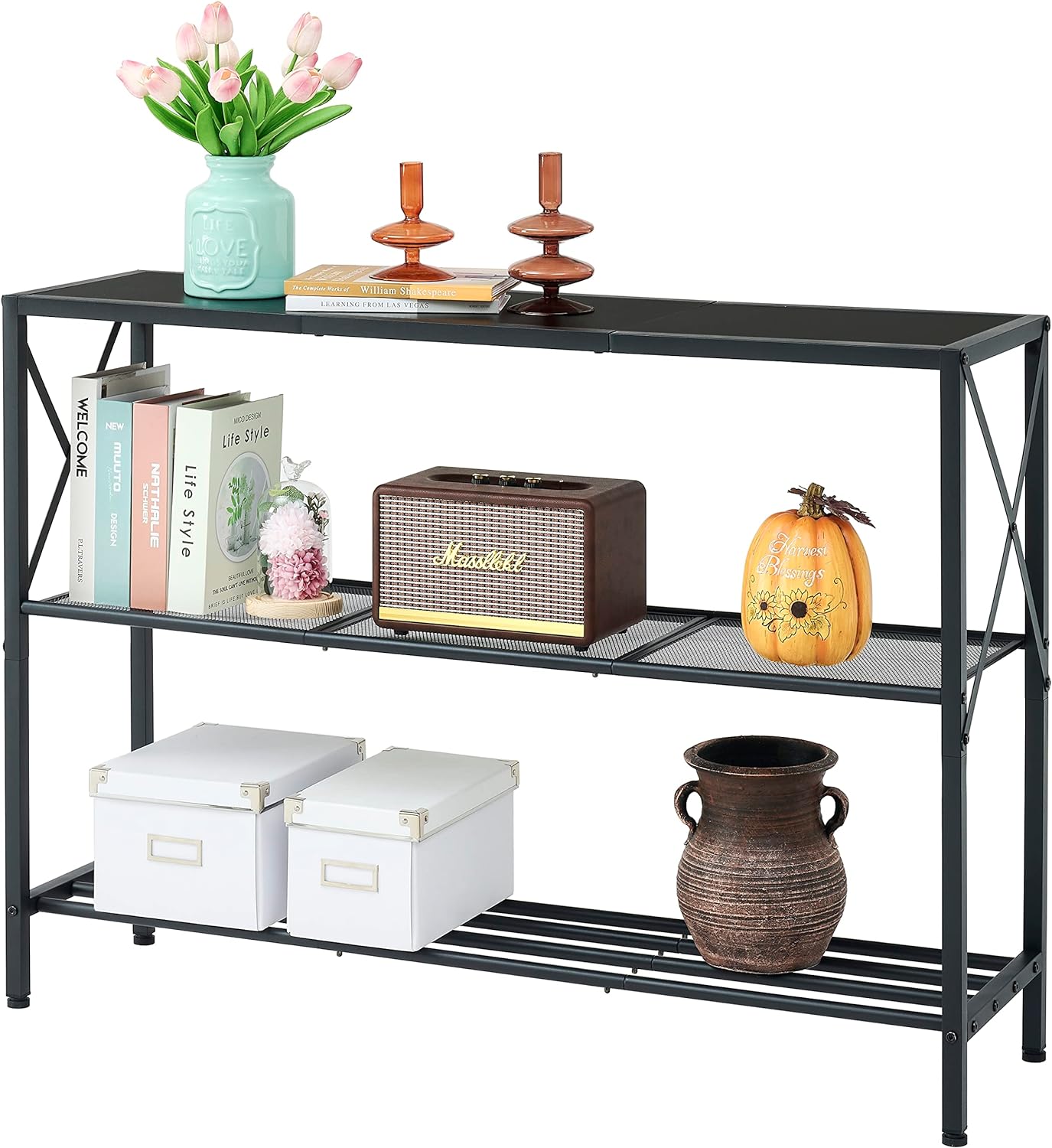 Hoctieon Industrial Console Table, 3 Tier Entryway Table, Hallway Table, Narrow Sofa Table with Shelves, Entrance Table for Entryway, Living Room, Foyer, Hallway, Office, Black