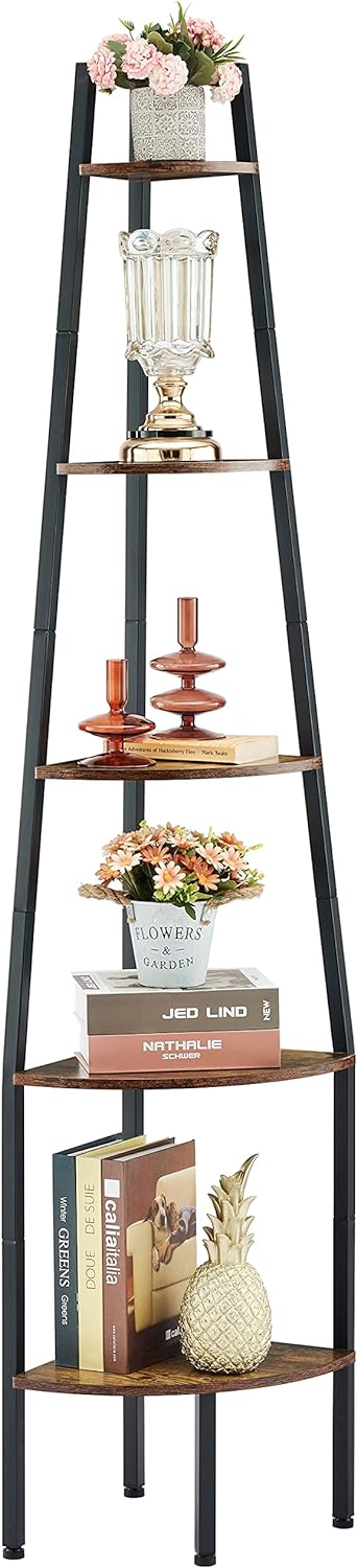 Hoctieon Corner Shelf, Industrial 5-Tier Corner Bookshelf, Rustic Corner Ladder Shelf, Corner Bookcase for Small Spaces, Bedroom, Living Room, Home Office, Kitchen, Balcony, Rustic Brown