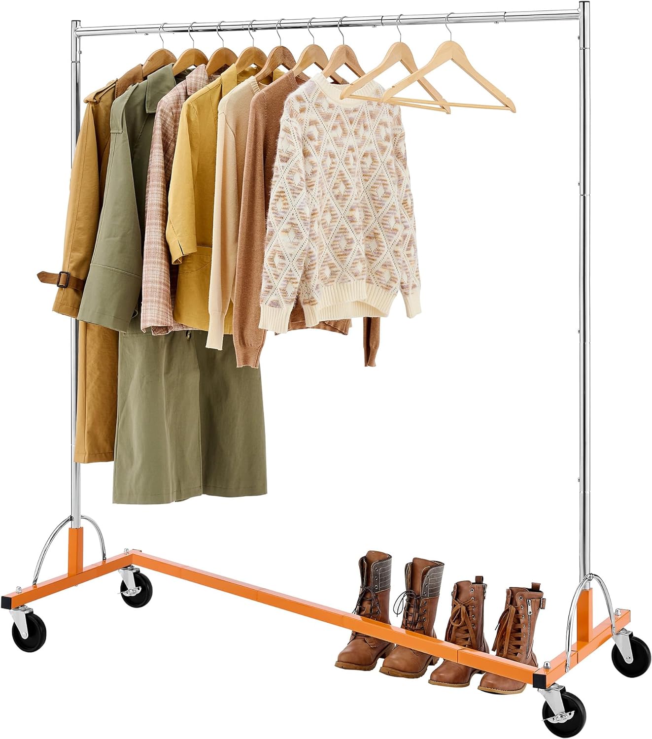 Hoctieon Z Rack, Rolling Clothes Racks with Z-Base, Heavy Duty Garment Rack, Clothing Racks for Hanging Clothes, Portable Clothes Rack, Sturdy Metal Clothing Rack, Silver&Orange