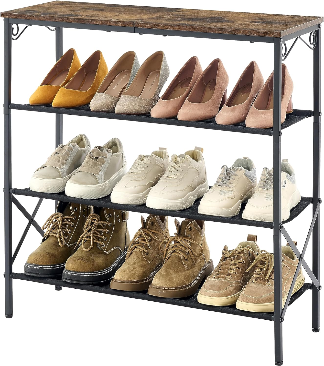 Hoctieon Shoe Rack, 4-Tier Entryway Shoe Storage Rack for 12-16 Pairs of Shoes, Shoe Shelf with 3 Fabric Shelves and Wooden Top,Rustic Brown and Black