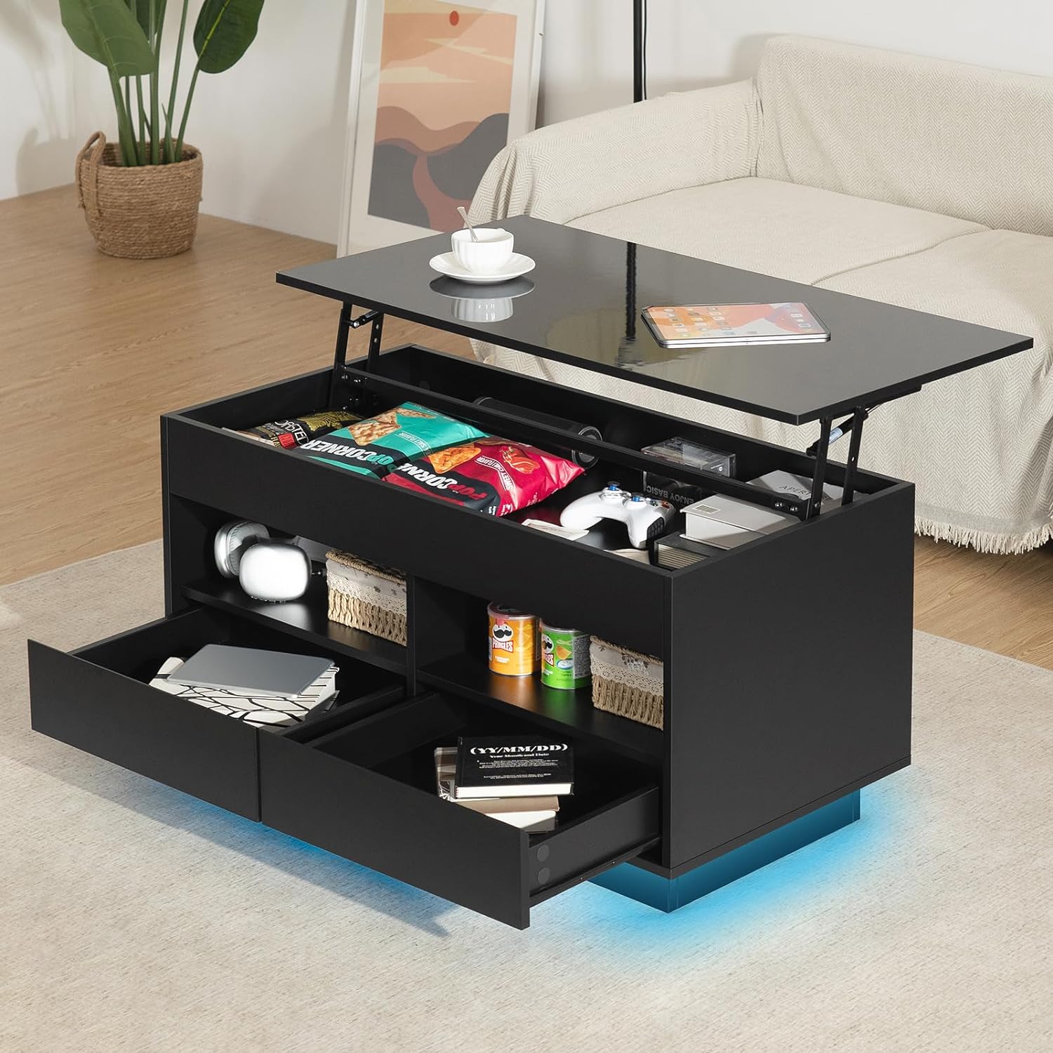 HOMMPA Lift Top Coffee Table with Storage LED Coffee Table Morden High Gloss Black Living Room 4 Tiers Modern Tea Table with Storage Center Tables Hidden Compartment & 2 Open Shelve & 2 Drawers