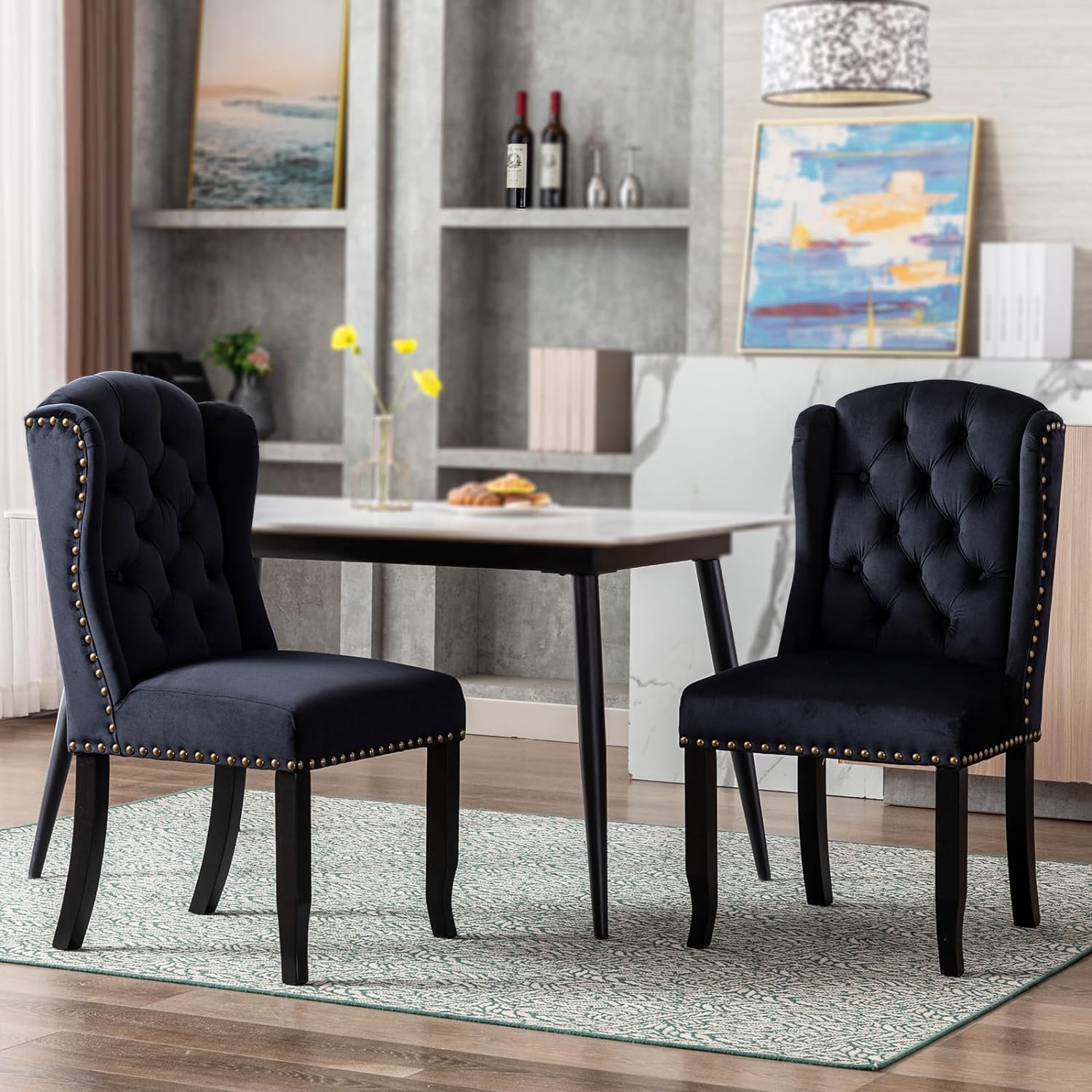 DUOMAY Modern Tufted Dining Chairs Set of 2, Velvet Upholstered Dining Room Chairs Armless Guest Side Chair for Kitchen Dining Room, Wingback Accent Chairs with Solid Wood, Black