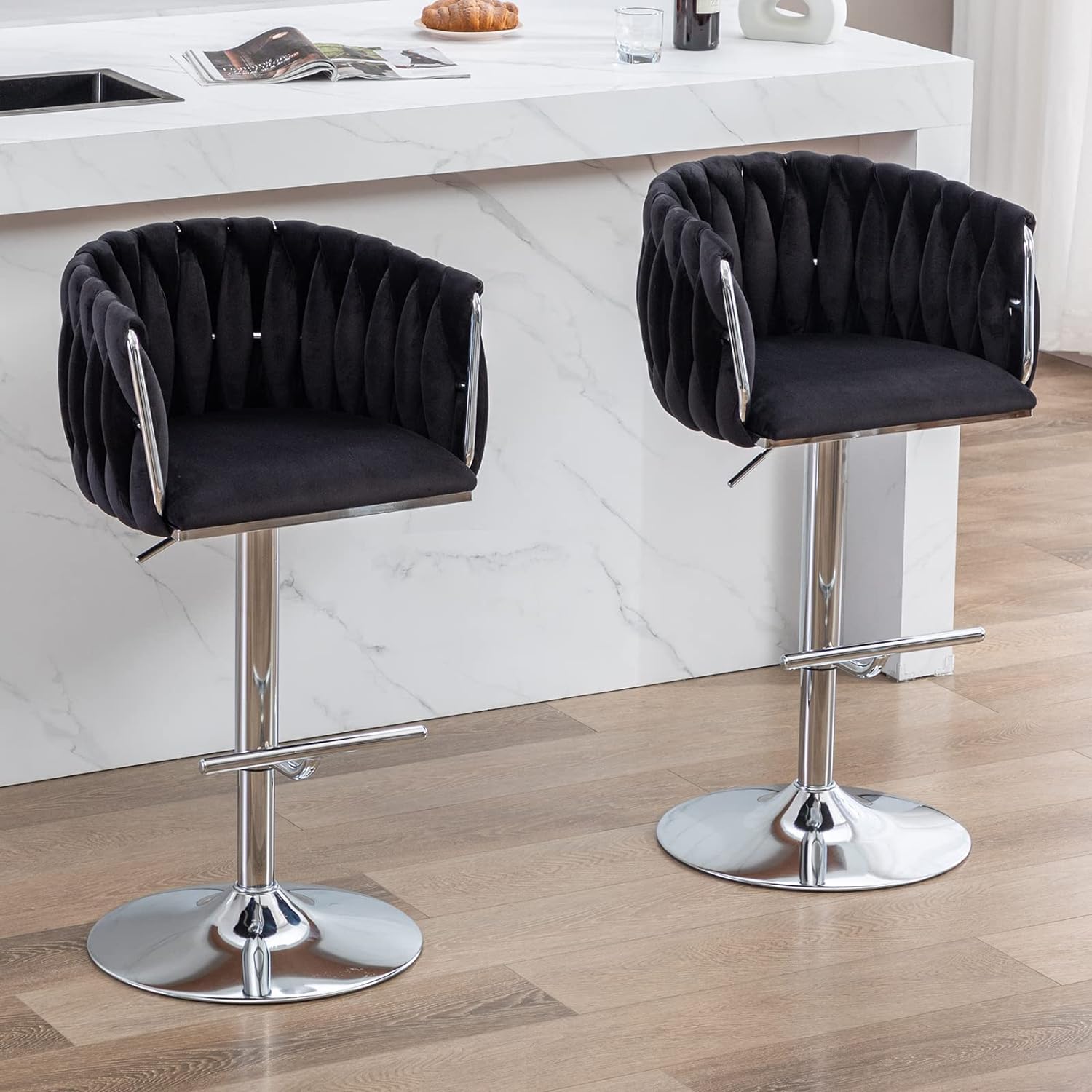 DUOMAY Modern Swivel Bar Stools Set of 2, Velvet Adjustable Height Barstool with Barrel Back Kitchen Island Counter Bar Chair with Chrome Base, Black