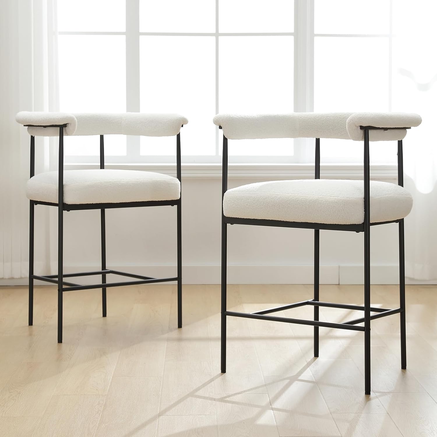 DUOMAY Modern Barrel Bar Stools Set of 2, 26 Counter Height Stools with Arms, Sherpa Upholstered Barstools Kitchen Island Stools with Black Metal Frame for Kitchen Home Bar Office, White