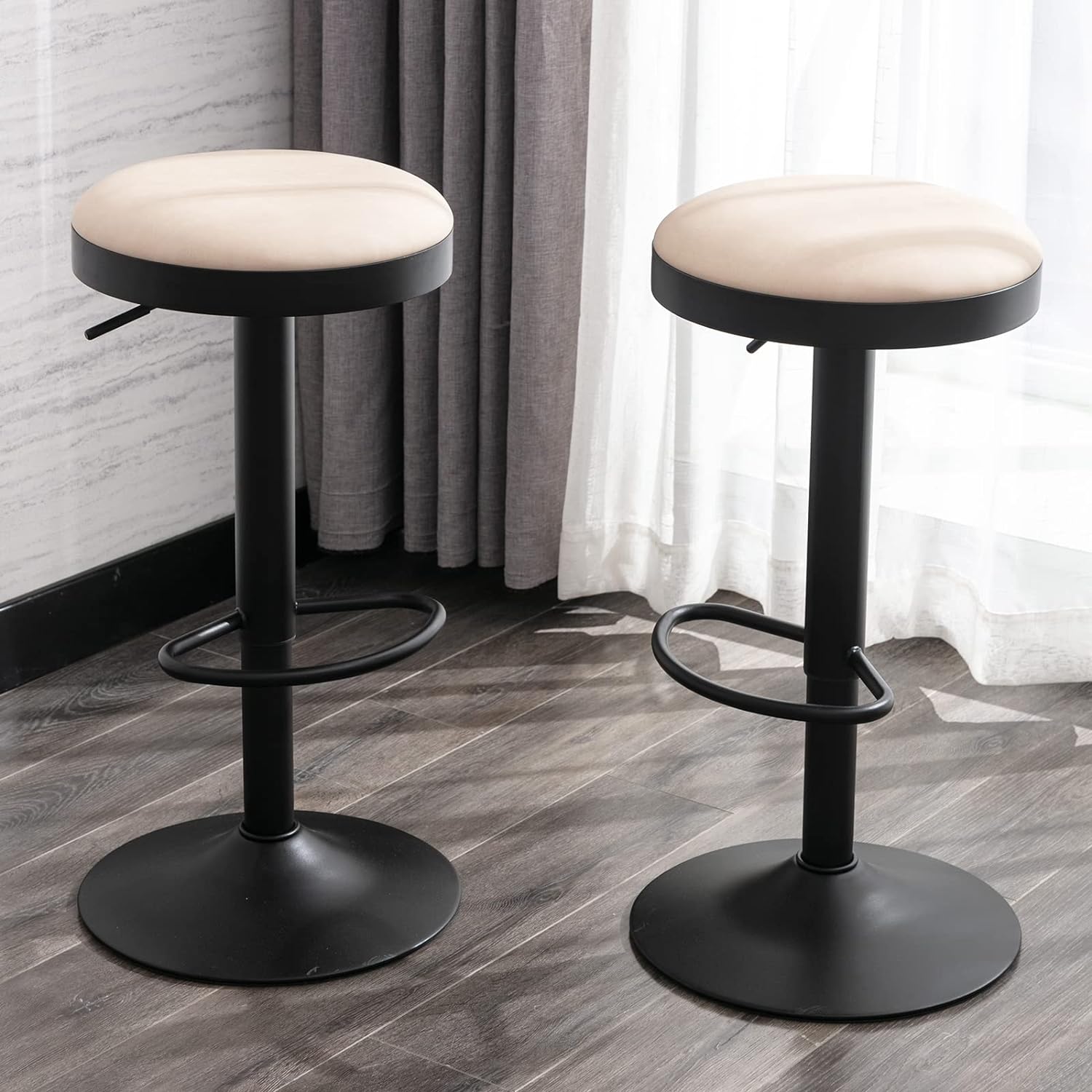 DUOMAY Swivel Bar Stools Set of 2, Modern Industrial PU Leather Adjustable Counter Height Barstools, Kitchen Island Bar Chair with Black Metal Base for Dining Room Bar Coffee Shop, Beige