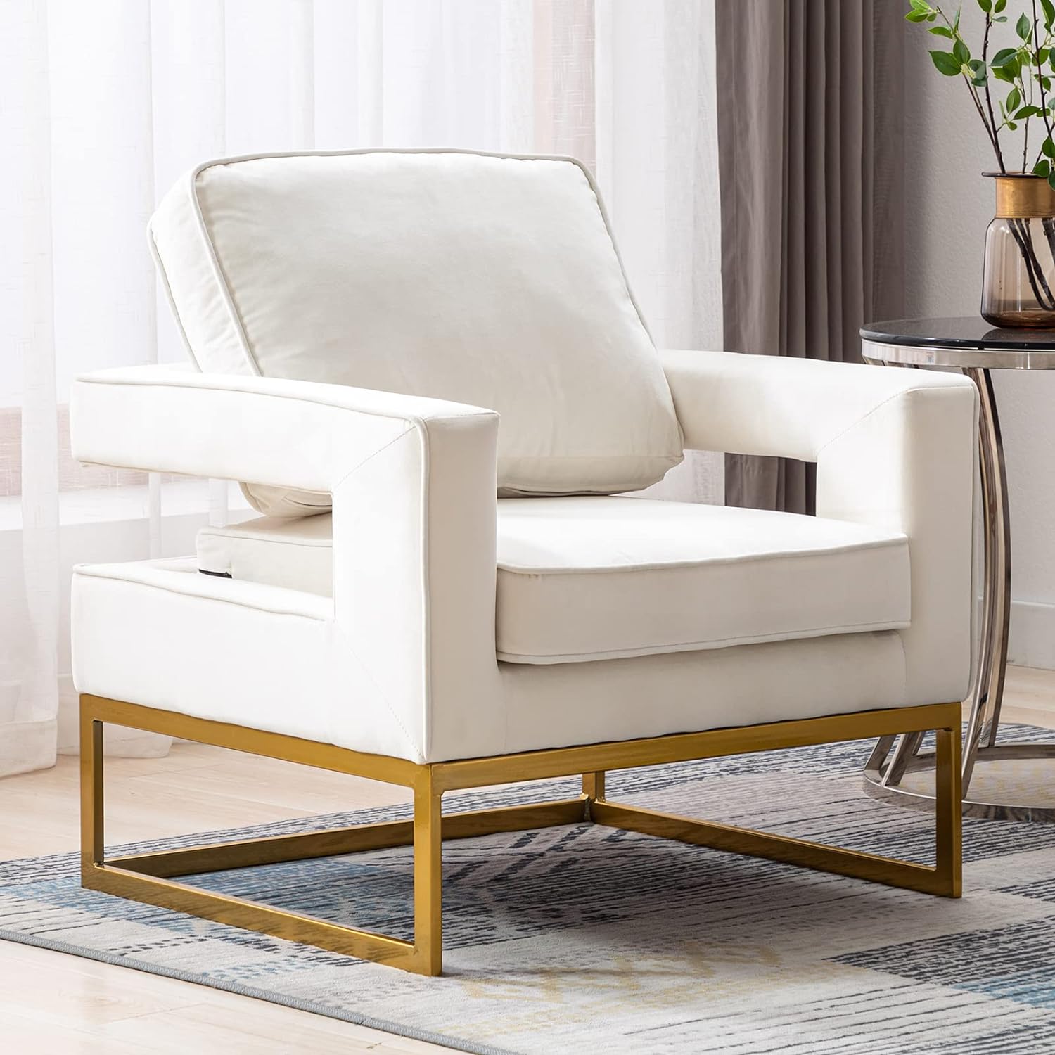 DUOMAY Velvet Barrel Accent Arm Chair with Open Back, Modern Contemporary Upholstered Chair Club Chair with Gold Base for Living Reading Guest Room Bedroom Office, White