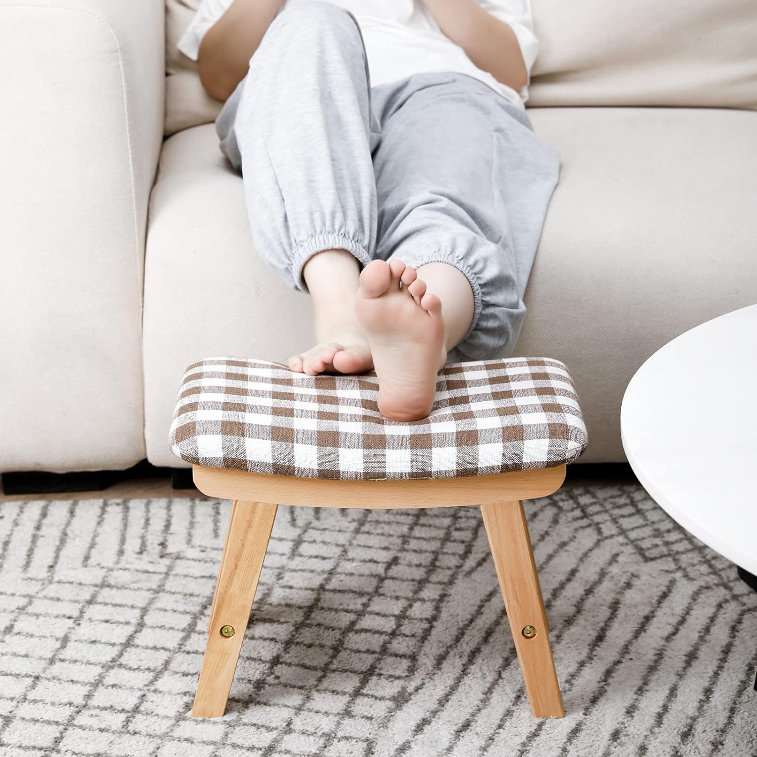 HOUCHICS Foot Stool, Small Foot Stools, Foot stools, Foot Stools Ottoman, Foot Stool for Living Room, Wooden Step Stool (Wood Legs-Gingham Cover)