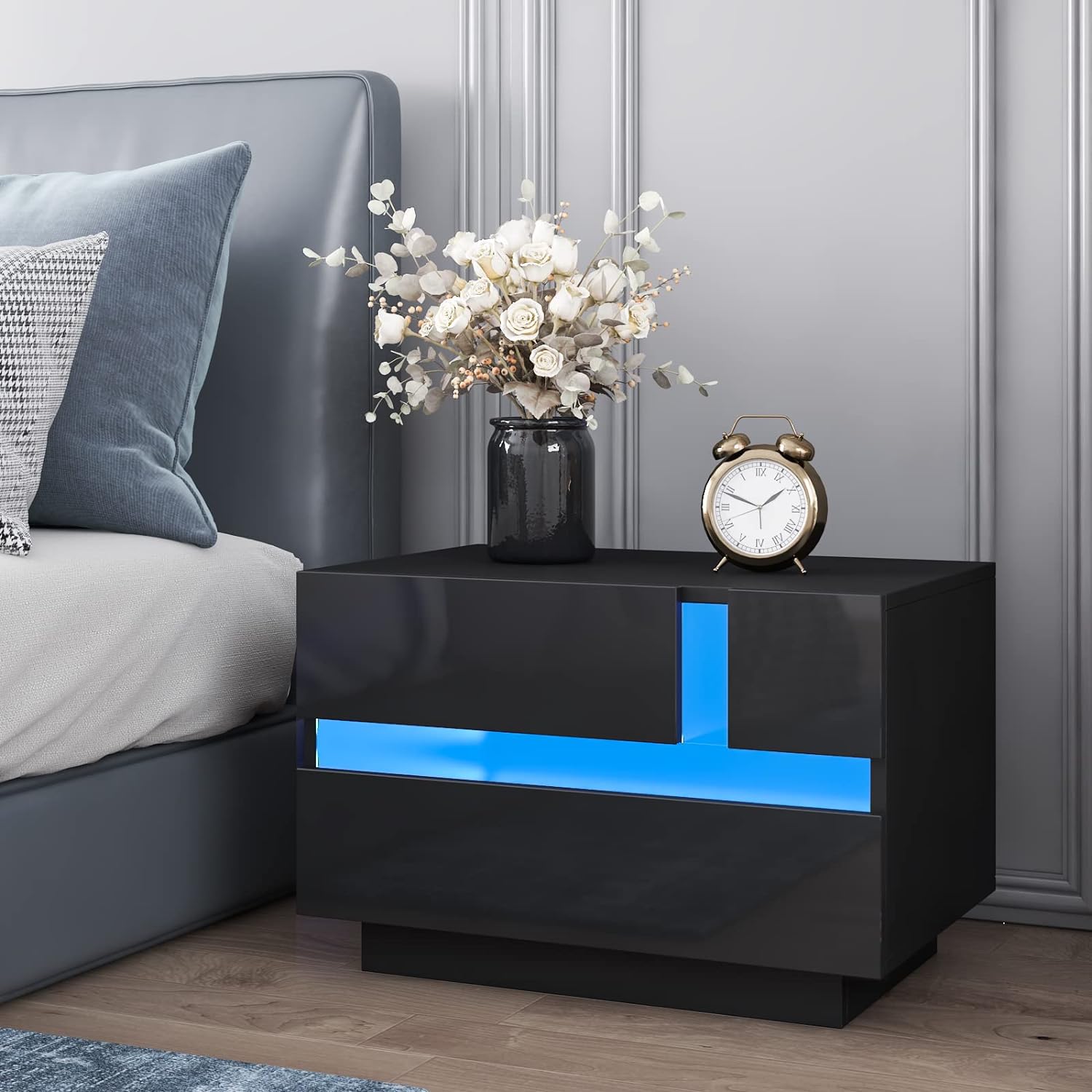 HOMMPA LED Nightstand Modern Matte Black Nightstand with 2 High Gloss Drawers Wood Low Profile Bed Side Table Night Stand with Plug in LED Light Night Stand End Table for Bedroom 15.7 Tall