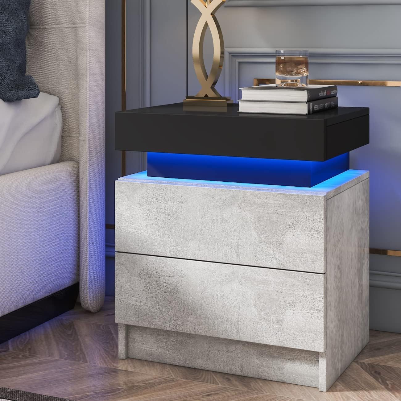 HOMMPA LED Nightstand Black Nightstand with Led Lights Modern Night Stand with 2 High Gloss Drawers Led Bedside Table with Border Tabletop Smart Nightstand for Bedroom 20.5 Tall