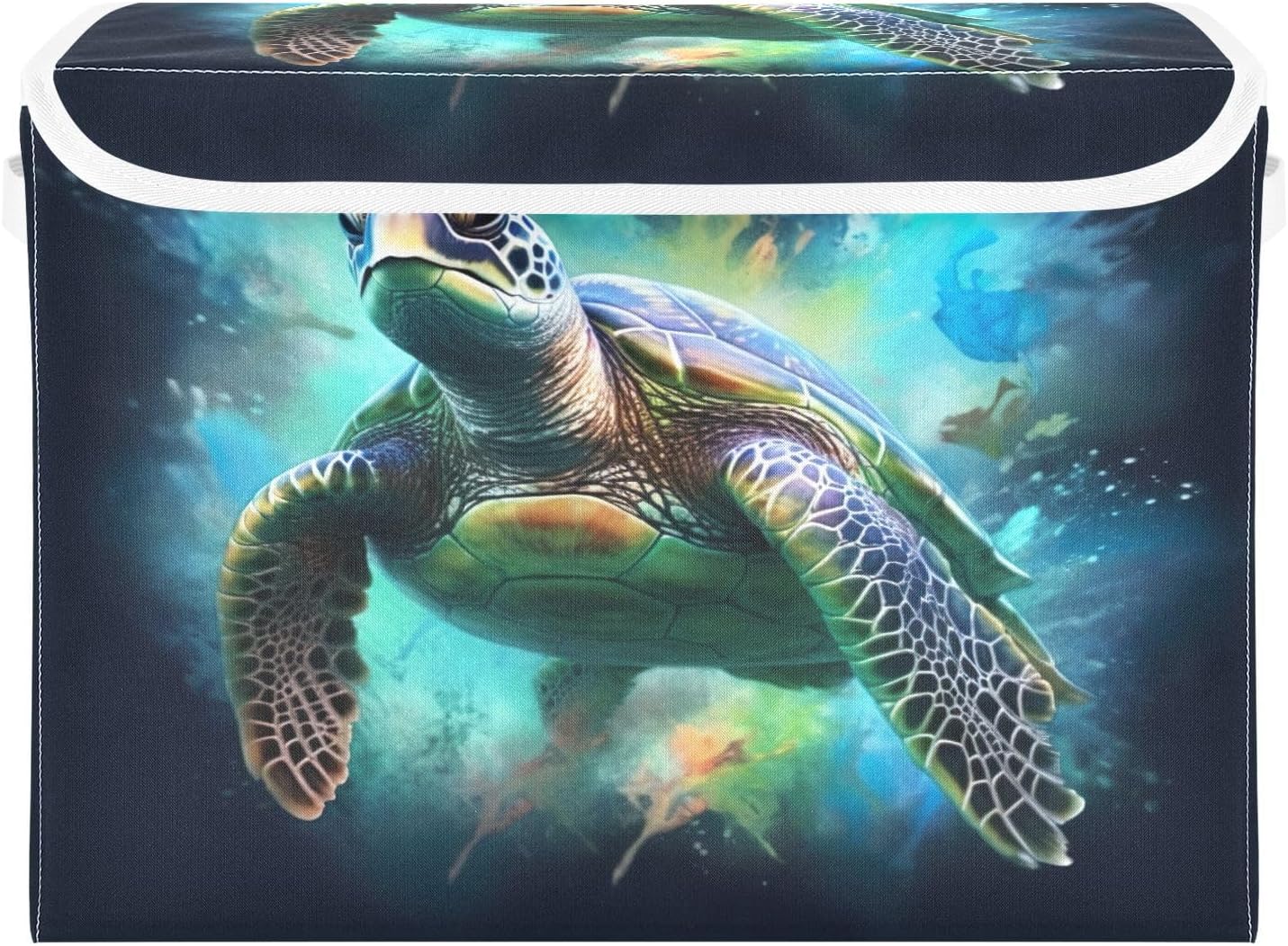 Green Sea Turtle Storage Basket 16.5x12.6x11.8 In Collapsible Fabric Storage Cubes Organizer Large Storage Bin with Lids and Handles for Shelves Bedroom Closet Office