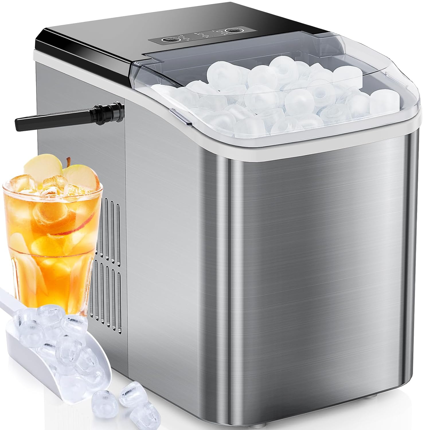 OLIXIS Portable Ice Maker Countertop with Ice Scoop, Basket and Handle, 9 Ice Cubes in 6 Minutes, 26.5lbs/24Hrs, Self-Cleaning with 2 Sizes of Bullet Ice for Kitchen, Office, Bar, Party - Silver