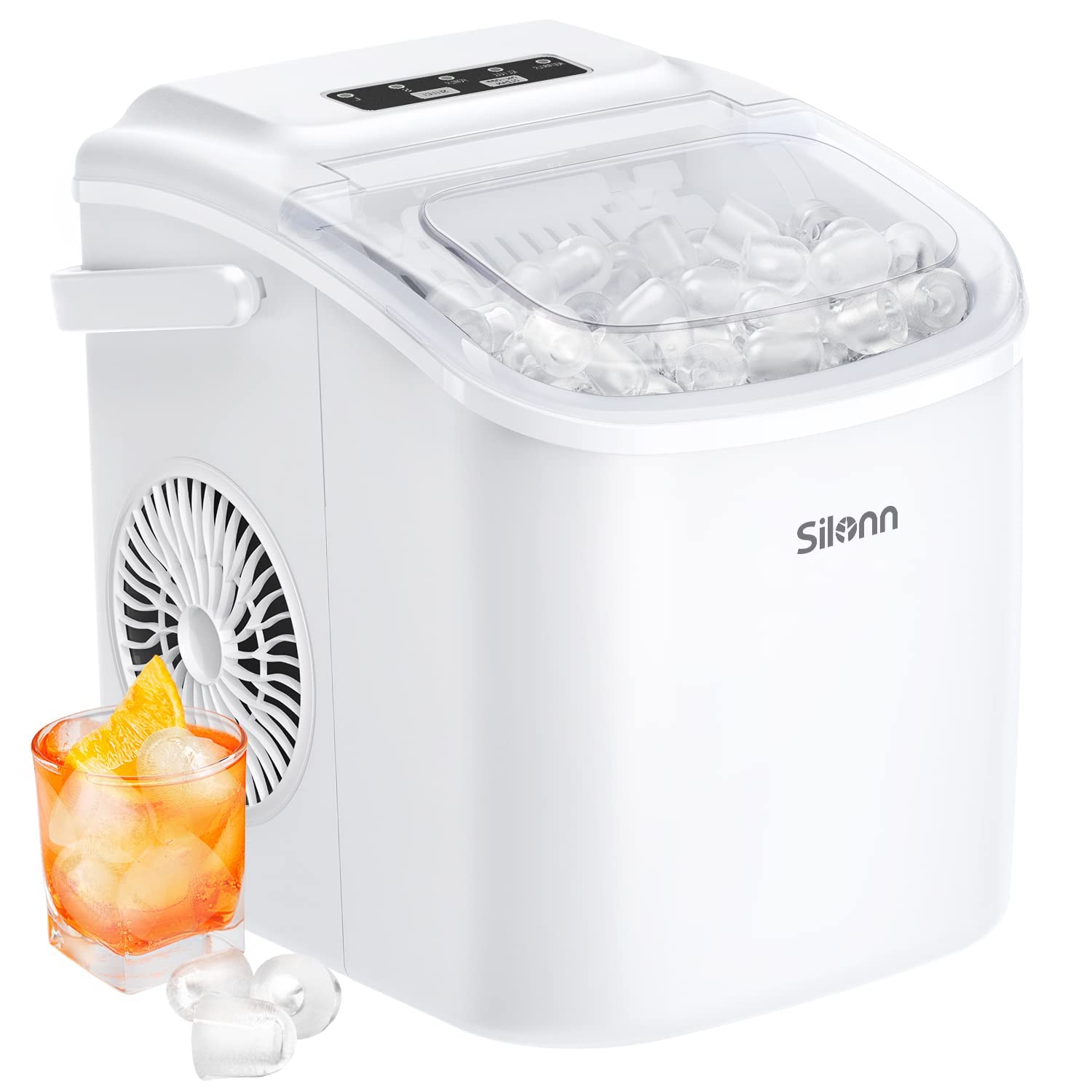 Silonn Countertop Ice Maker, 9 Cubes Ready in 6 Mins, 26lbs in 24Hrs, Self-Cleaning Ice Machine with Ice Scoop and Basket, 2 Sizes of Bullet Ice for Home Kitchen Office Bar Party, White