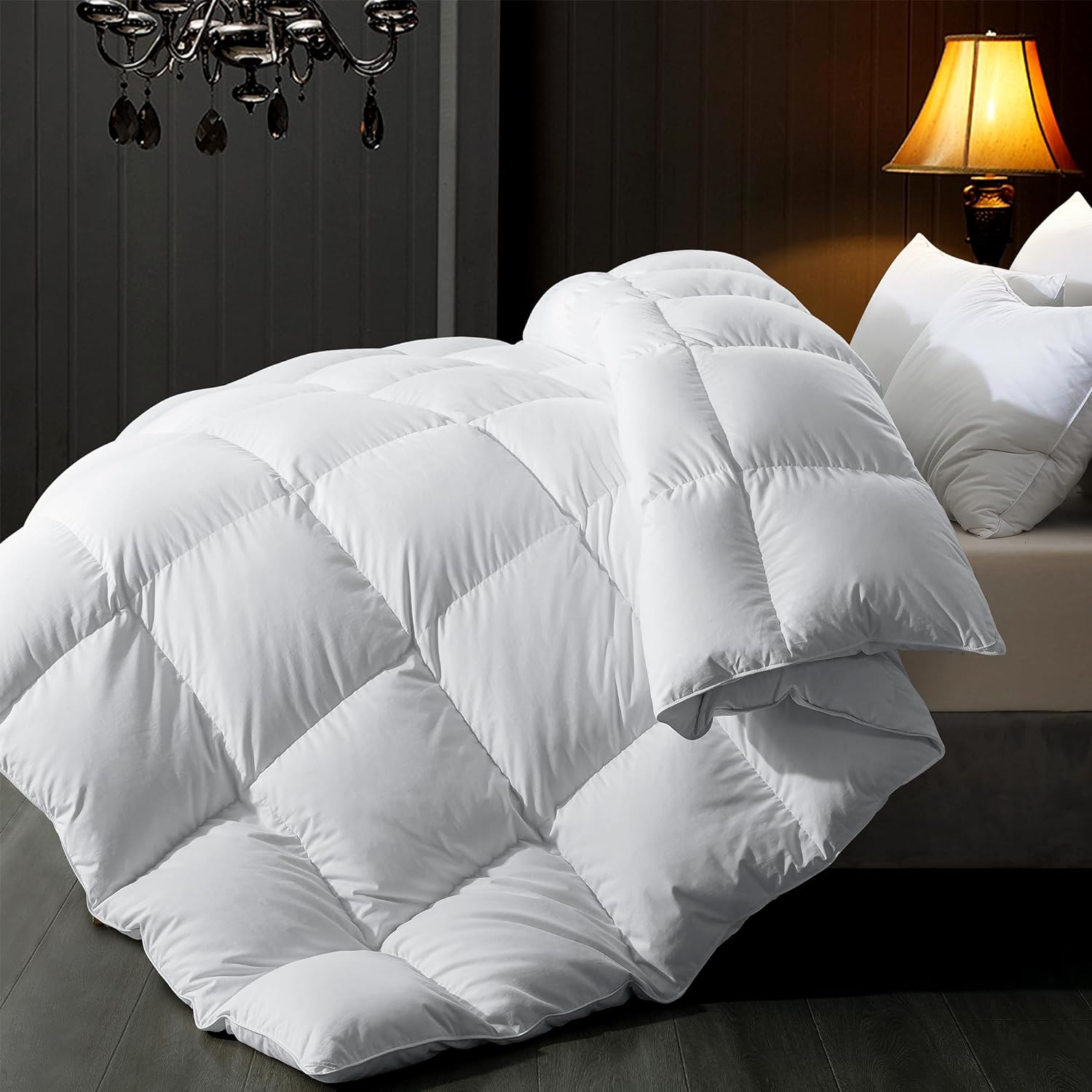 ELNIDO QUEEN Feather Down Comforter Full Size, Luxurious All Season Fluffy Down Duvet Insert, Ultra Soft Hotel Collection 100% Cotton Cover Bed Comforter, White 82x86 Inch