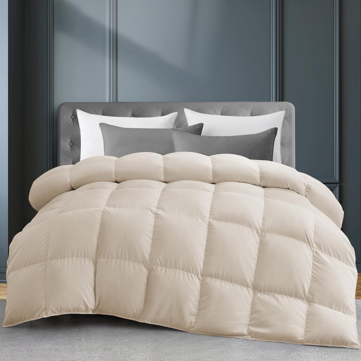 puredown Organic Cotton Feather Comforter, All Season Duvet Insert King Size, 100% Pure Natural Cotton Cover Breathable Fluffy Feather Comforter with Corner Ties (Beige, 104x90)