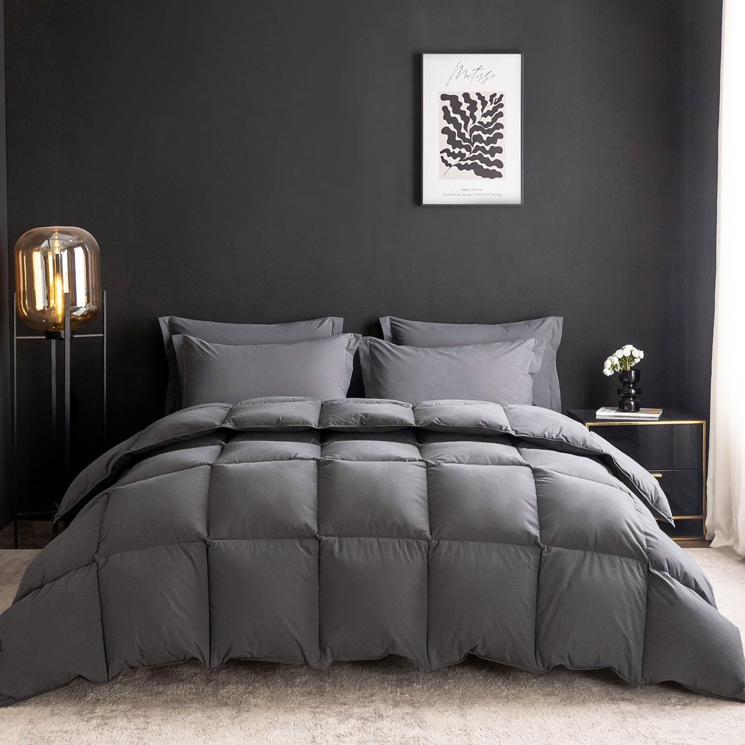 Goose Feather Down Comforter Queen Size,Hotel Style Bedding Comforter,750  Fill Power,1200TC,100% Organic Cotton Fabric,All Season Grey Duvet Insert with 8 Corner Tabs