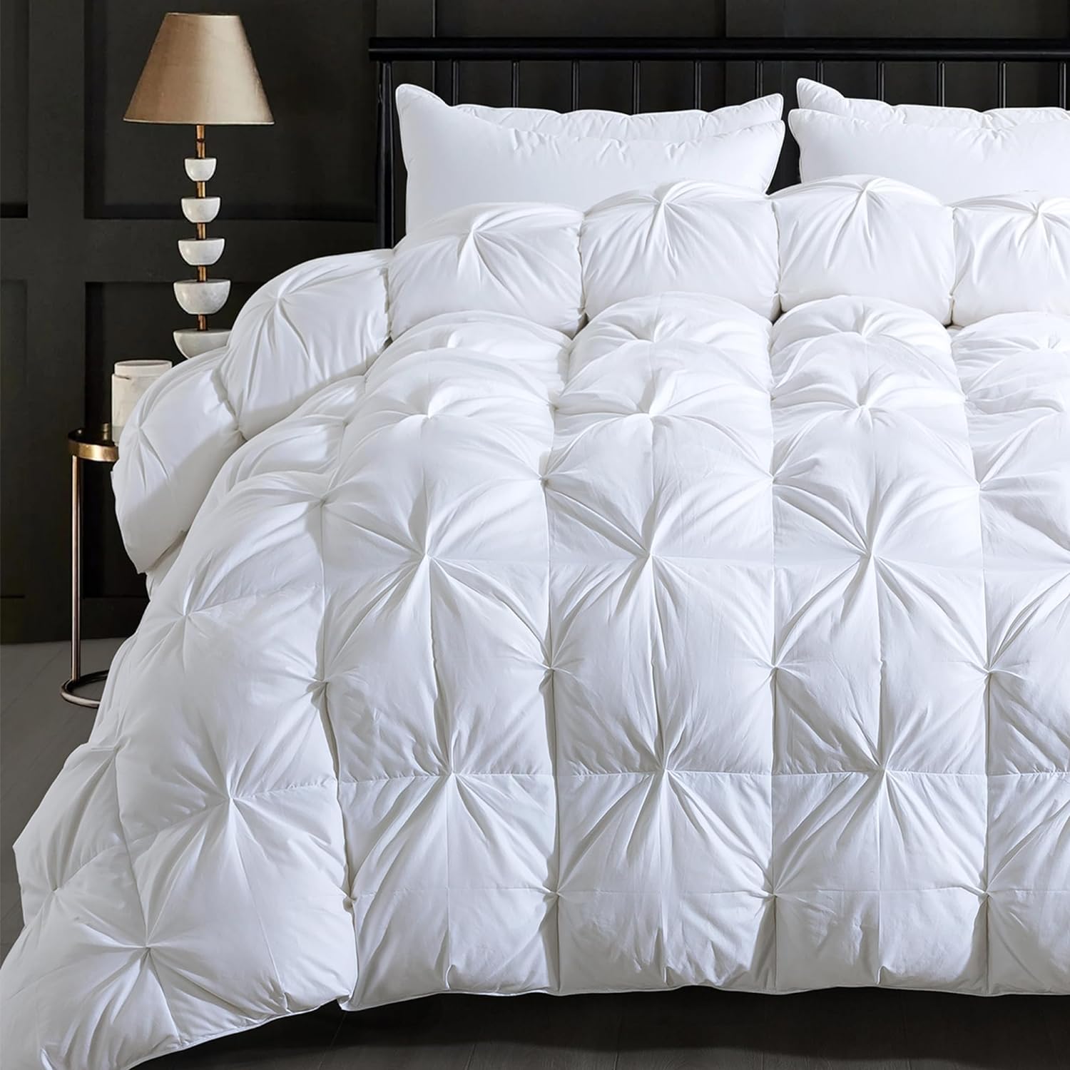 ELNIDO QUEEN Feather Down Comforter Queen Size Duvet Insert, Luxurious Fluffy Hotel White Pinch Pleat Bedding Comforter - Ultra Soft All Season 100% Cotton Shell, Queen 90x90 Inch