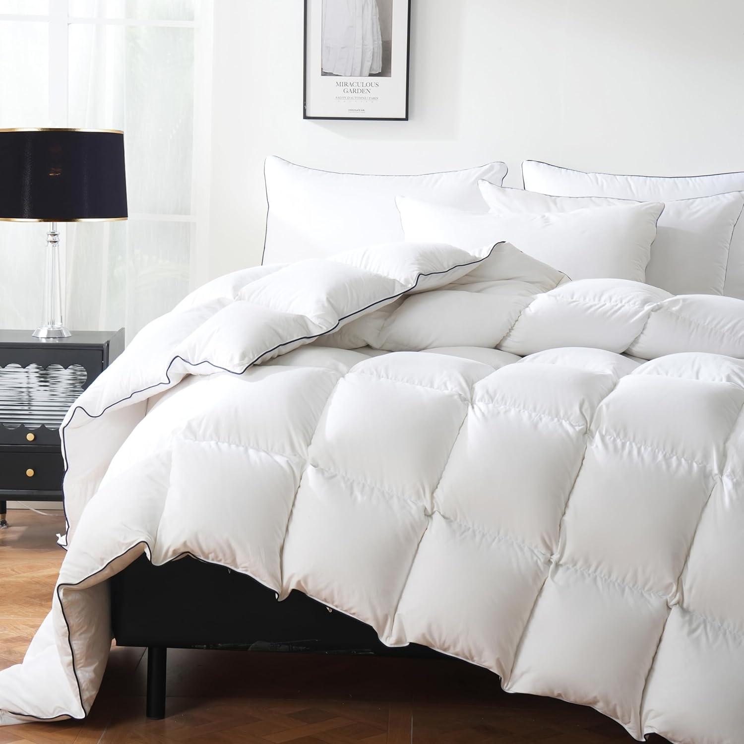 DOWNCOOL Feather Down Comforter Queen Size, All Season Down Duvet Insert Queen with 100% Cotton Cover, Fluffy Luxurious Hotel Bedding Comforters with 8 Corner Tabs, White Duvet Insert 90x90