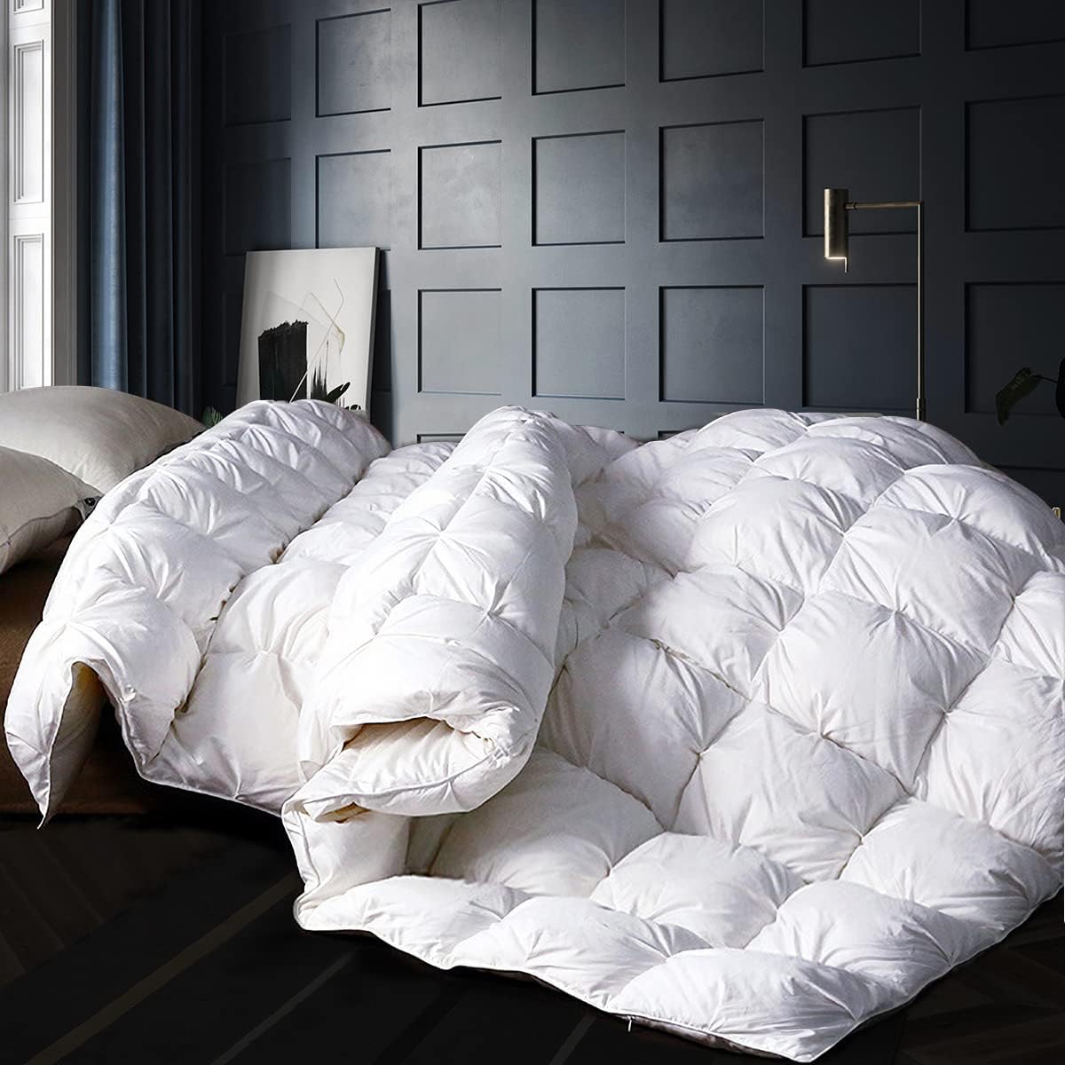 Alanzimo All Season Goose Down Comforter King Size - Luxury Medium Warmth Ultra-Soft 750 Fill-Power White Bedding Down Feathers Duvet Inserts with 8 Tabs- 65 Oz Fluffy,106x90 Pinch Pleat Design